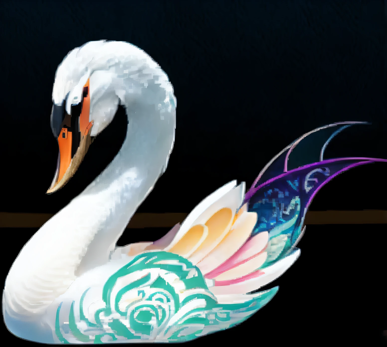 There is a white swan with a colorful head and neck, swans, exquisite and handsome wings, tranquil and graceful, beautiful and graceful, mizutsune, heise jinyao, wings of a swan, royal elegant pose, ornate and flowing, royal bird, long elegant tail, elegant floating pose, drak, Elegant and graceful, fantasy duck concept portrait, Elegant beauty
