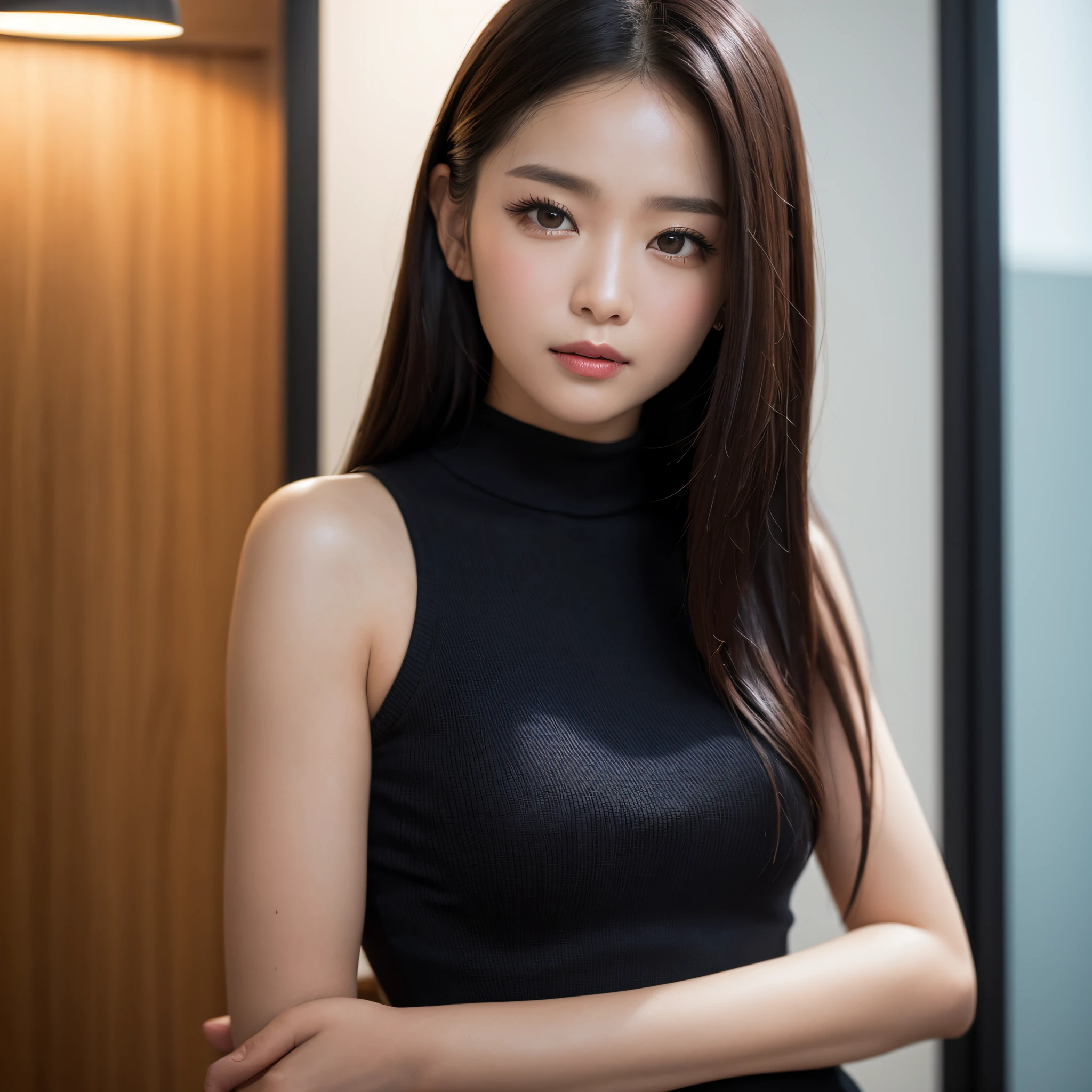((best qualtiy、8k masterpieces:1.3))、foco nítido:1.2、(ultra beautiful faces:1.0)、(shinny skin:1.0)、photos realistic、A dark-haired、Video Lighting、High-definition eyes and face、Video Lighting、(Korean Cute Actress)、from the front side、medium large breasts、ssmile、Sleeveless、Slender Abs Beauty、Wearing a tar neck knit