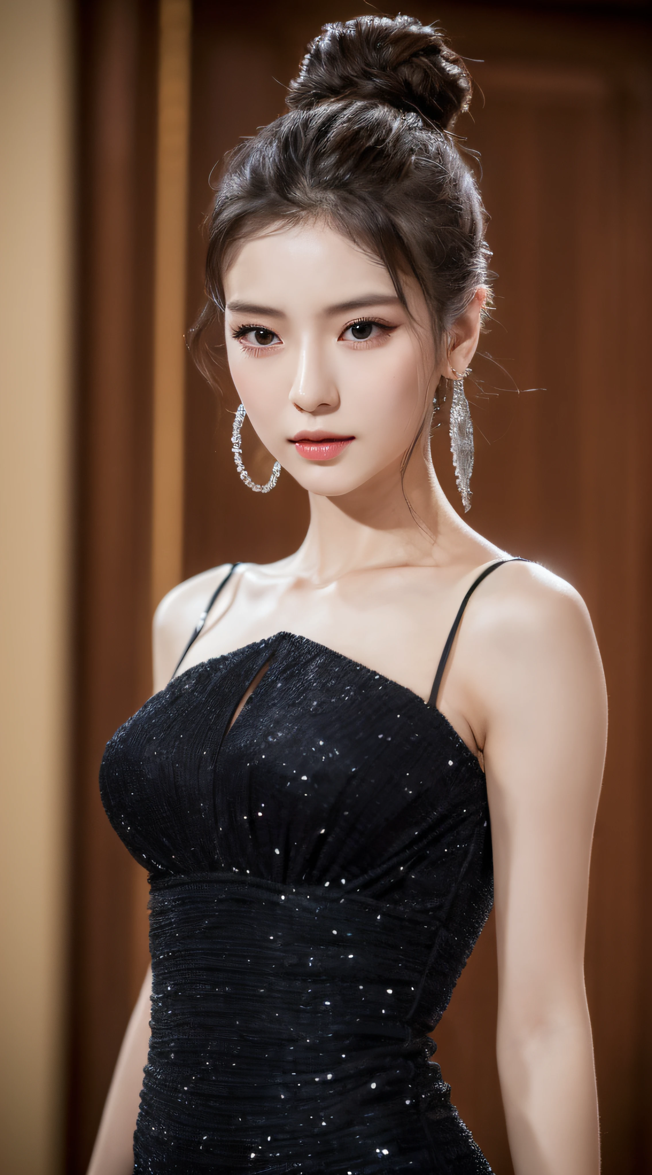 ((Best quality, 8k, Masterpiece)), A beautiful woman with perfect body, Slim abdomen, black long dress, full body, hair bun, in a ballroom, Highly detailed face and skin texture, Detailed eyes, Double eyelid,