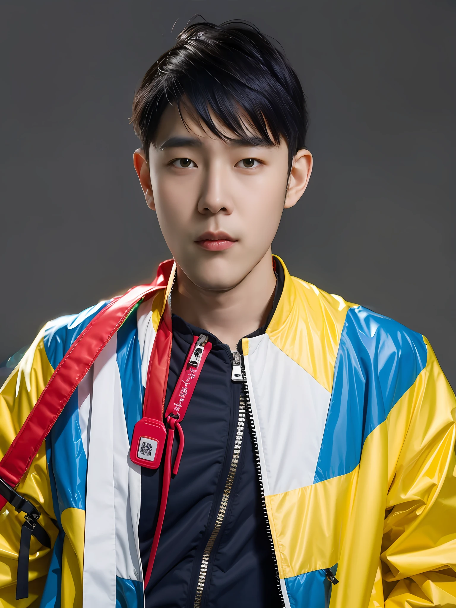 A Chinese male high school student,Wear a colorful raincoat,There are zippers