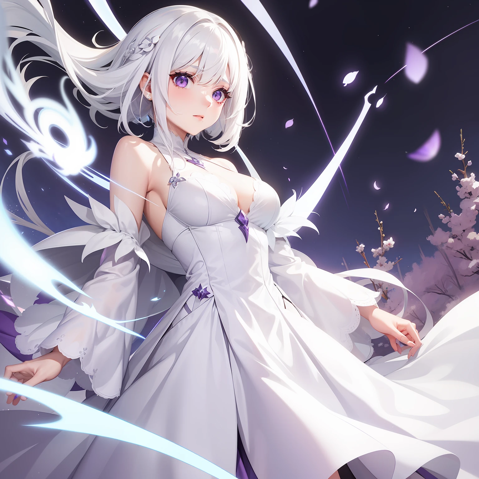 a women, white hair, purple eyes, white dress
