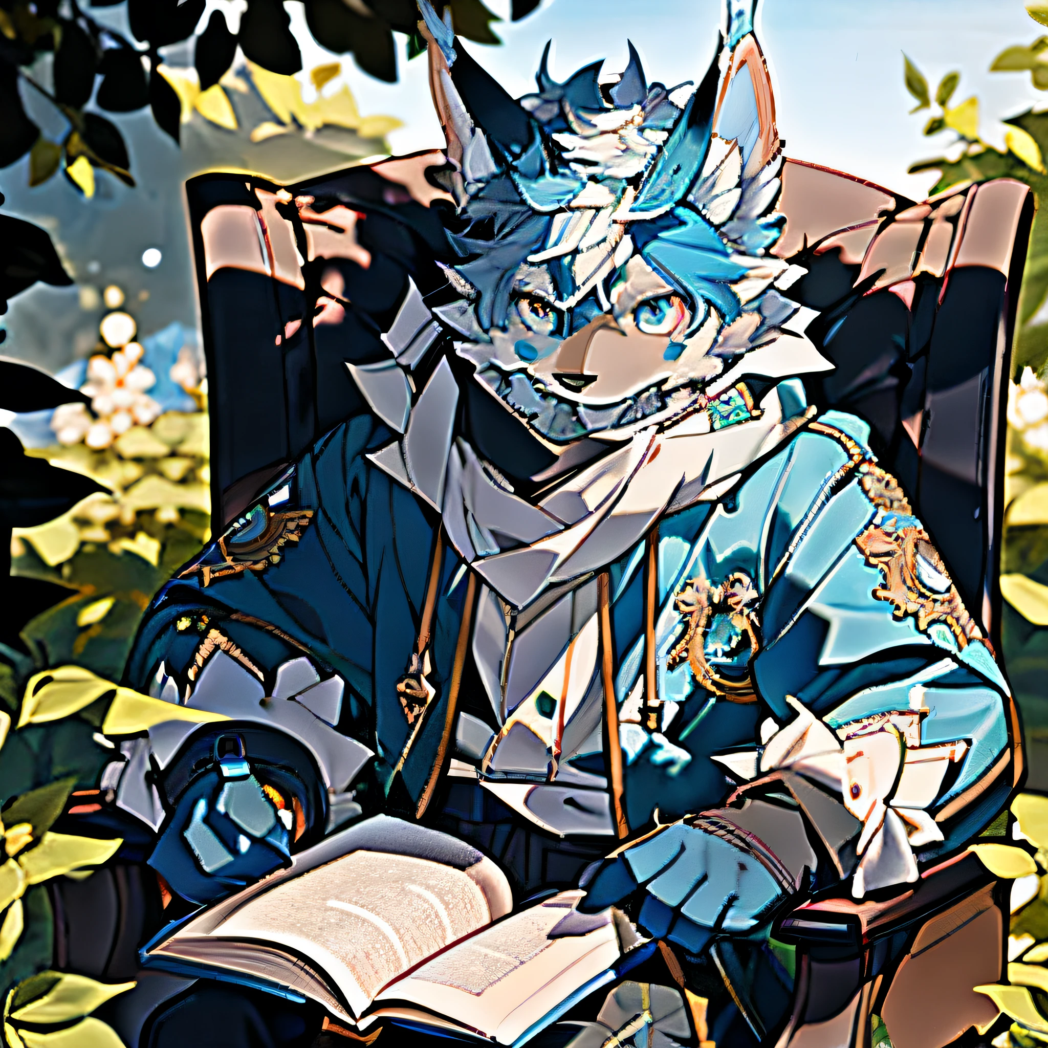 High detail, hyper qualit, high resolution, 1080p, Solo,Furry, (Male dragon: 1.5), (Light blue fur: 1.3), Gray skin, Gray ears, Blue eyes, Sharp claws,Tight black gloves,Wear white sun-protective clothing， (Fluffy tail: 1.2), sitting in chair reading a book, Head-to-body ratio of 5:1 In the garden, Natural lighting, Detailed background