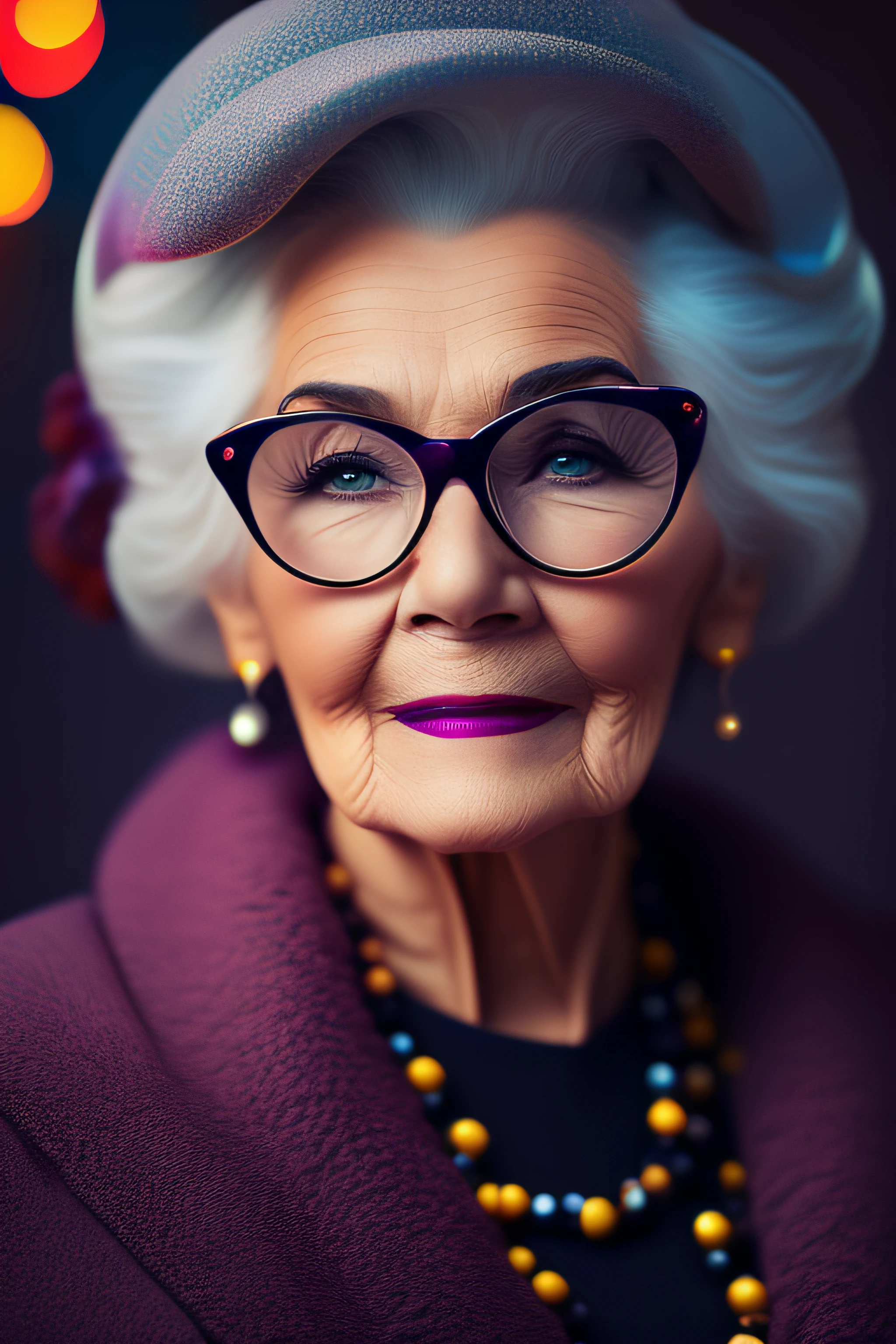 (fashionista portrait An older, elderly, European face, with yellow glasses and a flower in her hair, 1950s with intricate modern colored bright vintage colored glasses), hair with colorful flowers, expression would be, (extremely detailed digital photography: 1.2), standing in the middle of the city, (((full body))), raw image,, Hasselblad, 50asa, f8, 12mm, glow effects, godrays, hand-drawn, render, 8k, octane render, cinema 4d, blender, dark, atmospheric 4k ultra detailed, sensual cinematic, sharp focus, very serious illustration great depth of field, masterpiece, colors, 3d octane rendering, 4k, concept art, trend in artstation, hyperrealistic, vivid colors, rim light, extremely detailed CG 8k wallpaper unit, trend in ArtStation, trend in CGSociety, Pop Art style by Yayoi Kusama, Intricate, High Detail, dramatic, pure energy, light particles, sci-fi