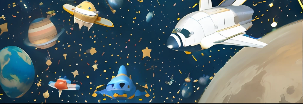 There is a photo of a space shuttle flying over the planet, Space-themed, Space theme, Epic spaceship scene, Spaceship flying in the background, duck themed spaceship, Flying Spaceship, Fly spaceship in the background, In the sky spaceship, Space background, Spacecraft flying overhead, in the universe, Outer space, Space Scene, Flying spacecraft