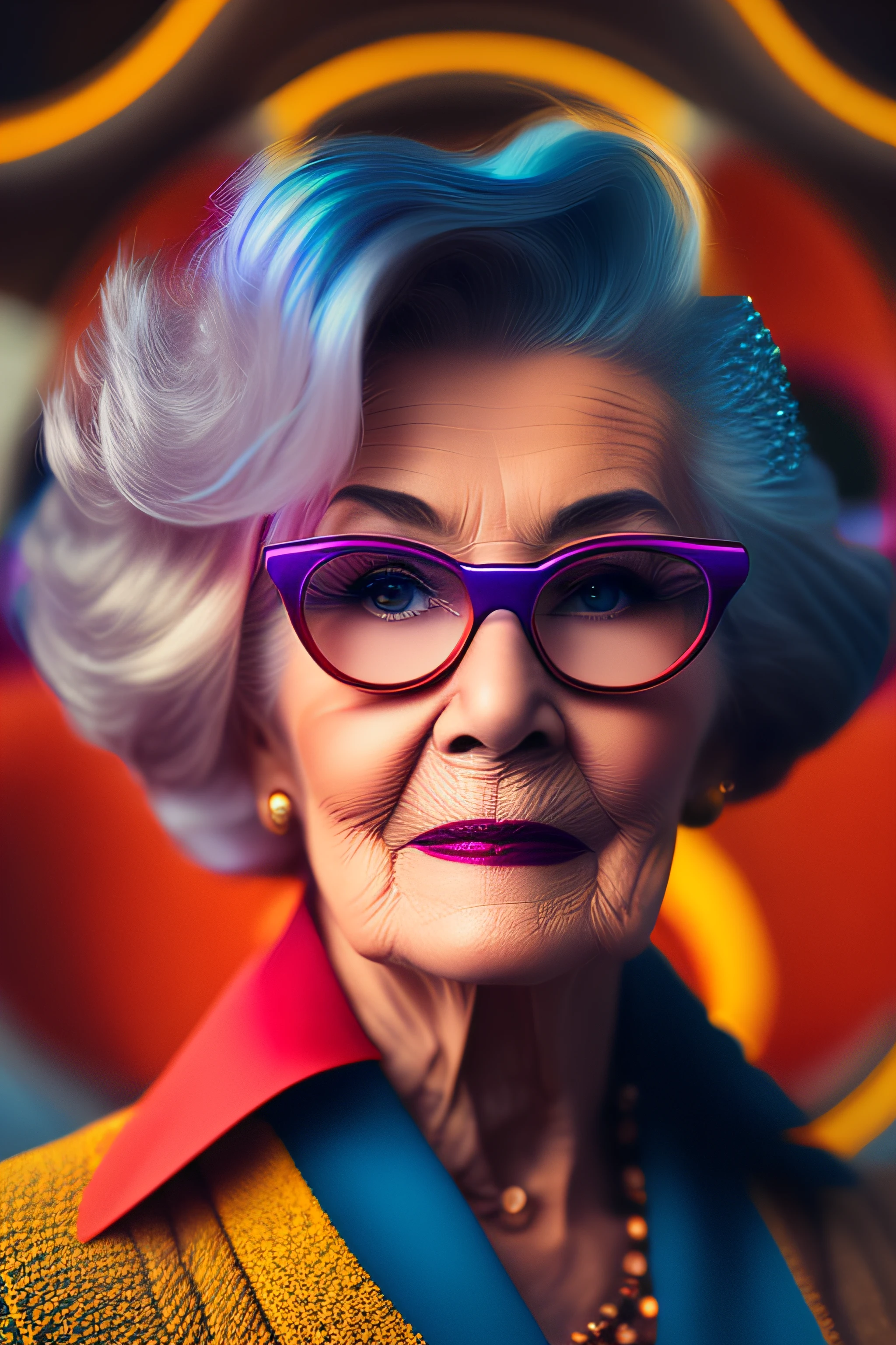 (fashionista portrait An older, elderly, European face, with yellow glasses and a flower in her hair, 1950s with intricate modern colored bright vintage colored glasses), hair with colorful flowers, expression would be, (extremely detailed digital photography: 1.2), standing in the middle of the city, (((full body))), raw image,, Hasselblad, 50asa, f8, 12mm, glow effects, godrays, hand-drawn, render, 8k, octane render, cinema 4d, blender, dark, atmospheric 4k ultra detailed, sensual cinematic, sharp focus, very serious illustration great depth of field, masterpiece, colors, 3d octane rendering, 4k, concept art, trend in artstation, hyperrealistic, vivid colors, rim light, extremely detailed CG 8k wallpaper unit, trend in ArtStation, trend in CGSociety, Pop Art style by Yayoi Kusama, Intricate, High Detail, dramatic, pure energy, light particles, sci-fi
