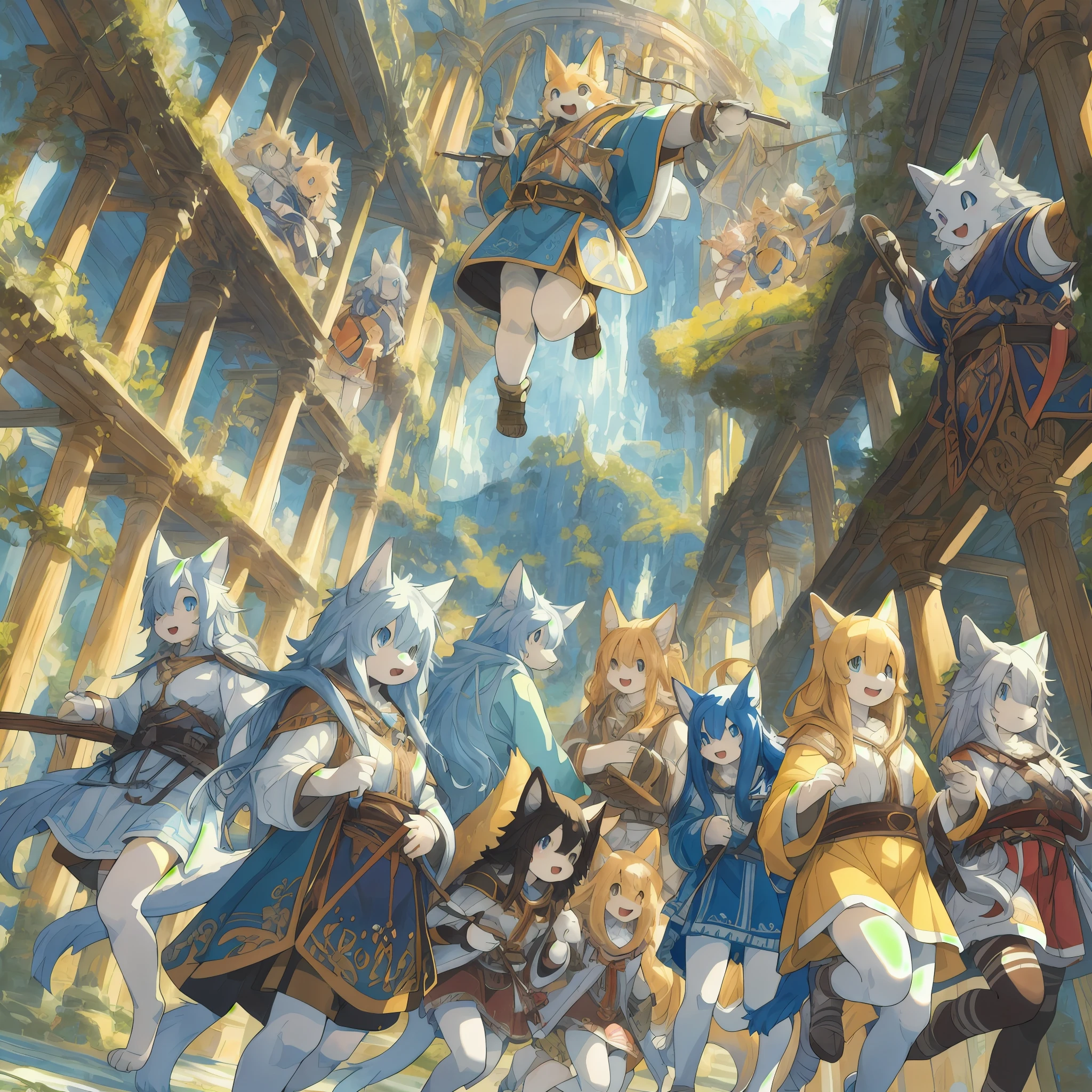 dynamic angle, top quality, best quality, High-quality illustrations, masterpiece, super high resolution, detailed background, detailed background, The mythical world depicted by Kismicche Angelo, group shot:0.1, 6+boys, 6+girls, Happy, joyful, absurdres(highly detailed beautiful face and eyes)perfect anatomy(kemono, furry anthro),