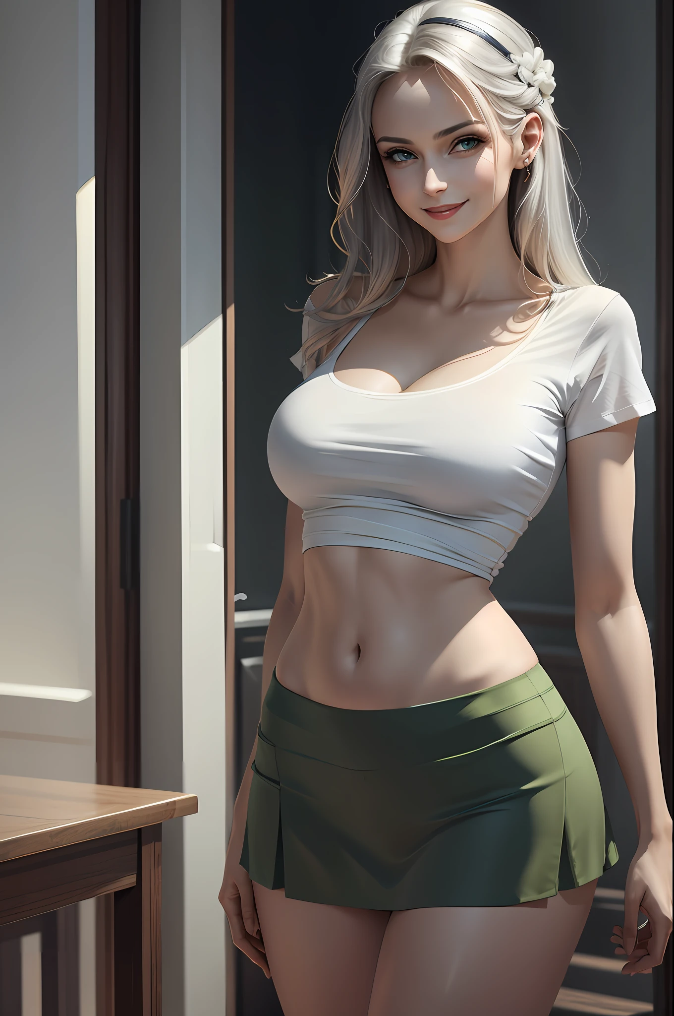 Adult female, (smile: 0.6), long silver hair, (medium breasts: 1.1), green eyes, sexy, small waist, (wide hips), (masterpiece: 1.2, superb), realistic, (real shot, fine Crafted, depth of field), (1girl, solo), makeup, noble, (loose crop t-shirt and skirt: 1.3), elegant, dignified, proud, confident, (white and shiny skin), gorgeous and diverse jewelry, mature , married,(thin), bonny, (small mouth),