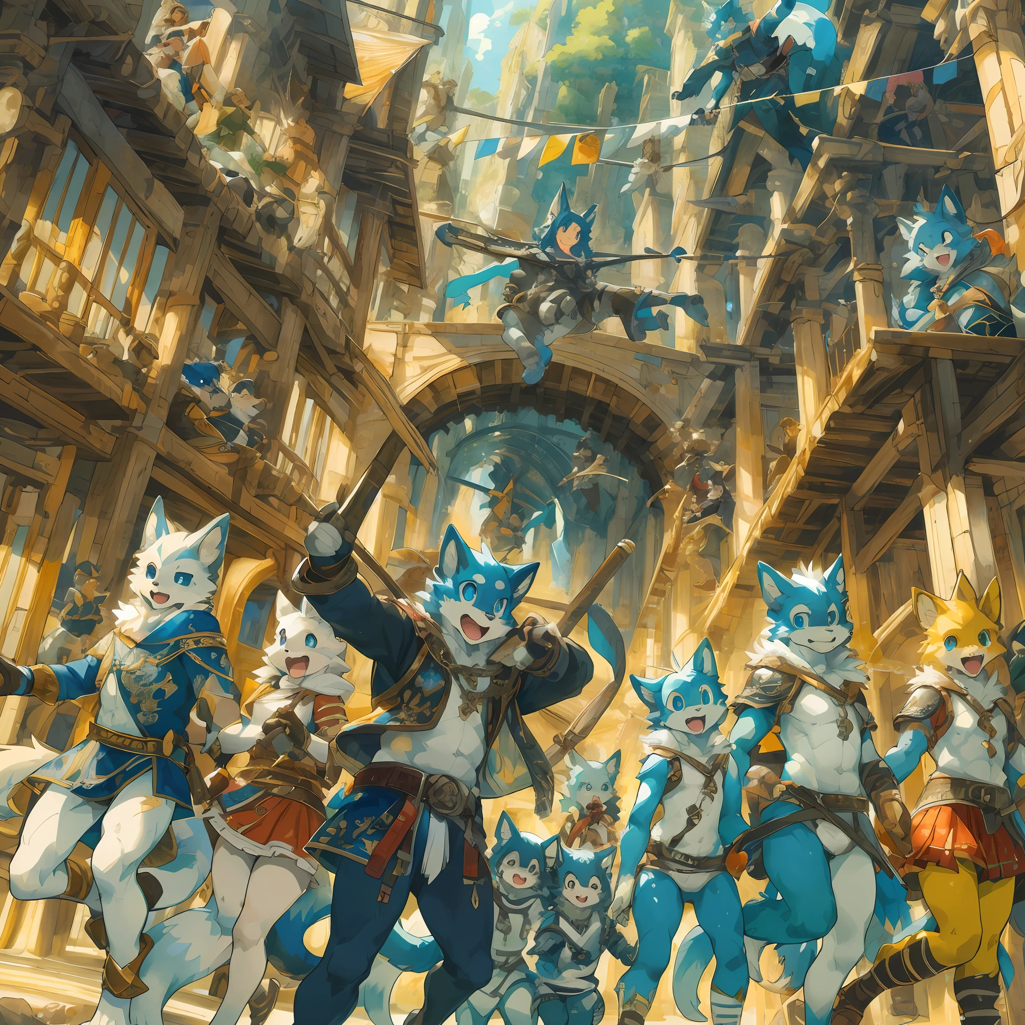 dynamic angle, top quality, best quality, High-quality illustrations, masterpiece, super high resolution, detailed background, detailed background, The mythical world depicted by Kismicche Angelo, group shot:0.1, 6+boys, 6+girls, Happy, joyful, absurdres(highly detailed beautiful face and eyes)perfect anatomy(kemono, furry anthro),
