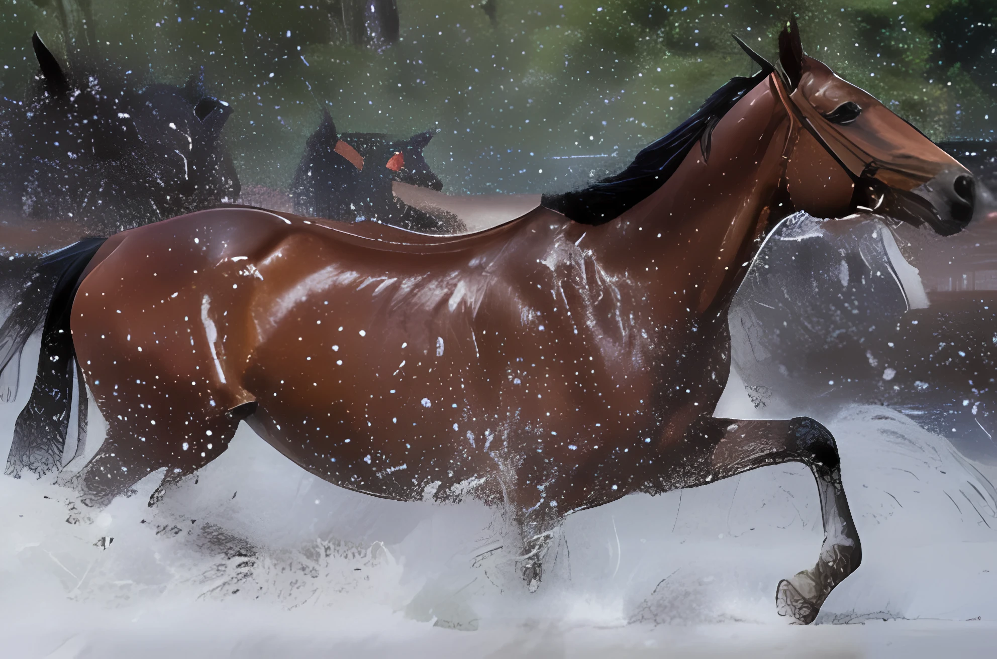 Horses running in the water,Trees in the background, horses in run, equine photography, galloping, horse is running, equine photo, cavalos, spatter, in full gear, Horses, cavalos, equestrian photography, high speed photography, author:Jan Kupeki, Beautiful horse, horse race, prize winning color photo, Fast shutter speed, majestic horses, flowing mane
