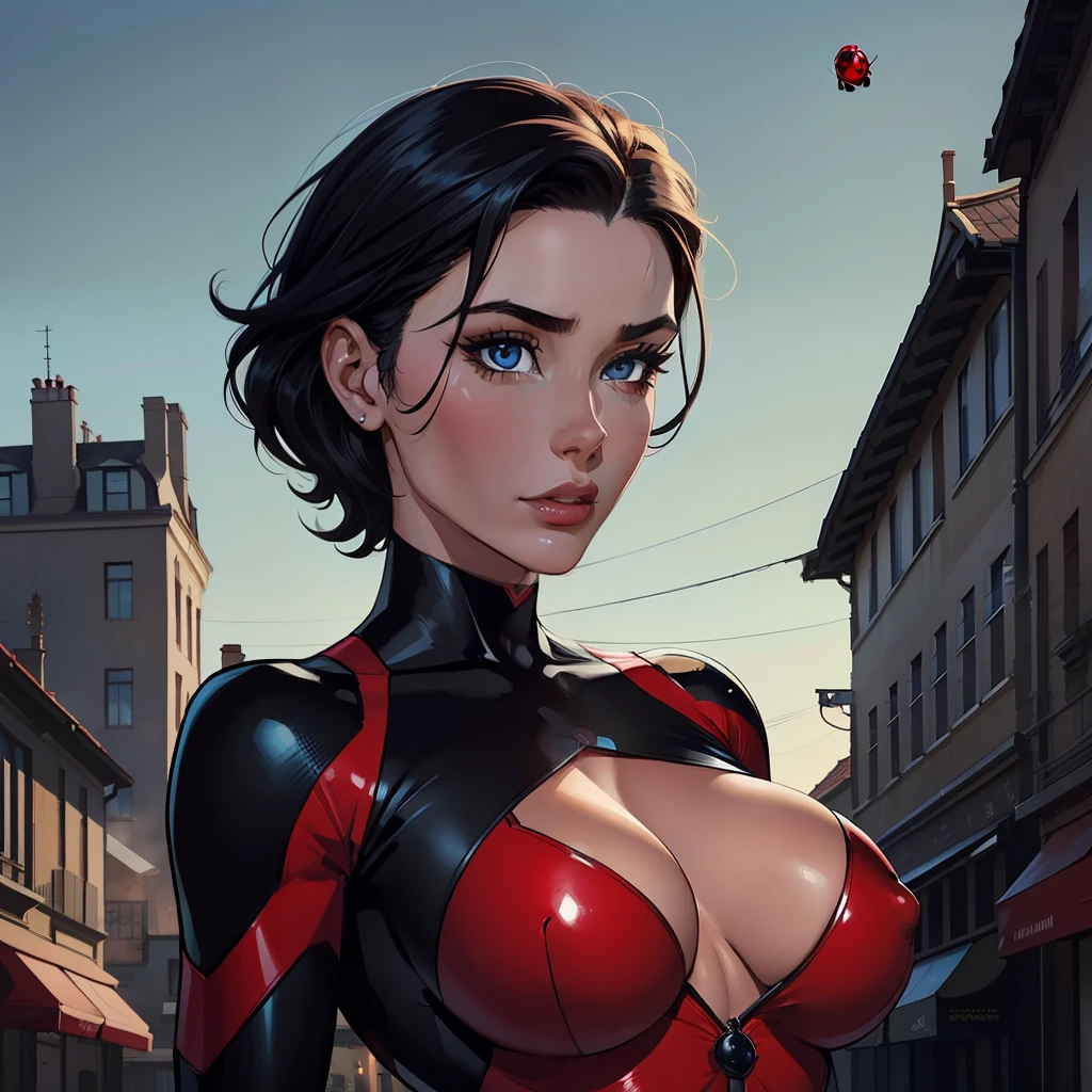 a woman, black hair, blue eyes, well defined body, short hair, red bodysuit, lady bug, well defined body, detailed body, detailed face, masterpiece, best quality, high quality, in a city, marinette dupain-cheng