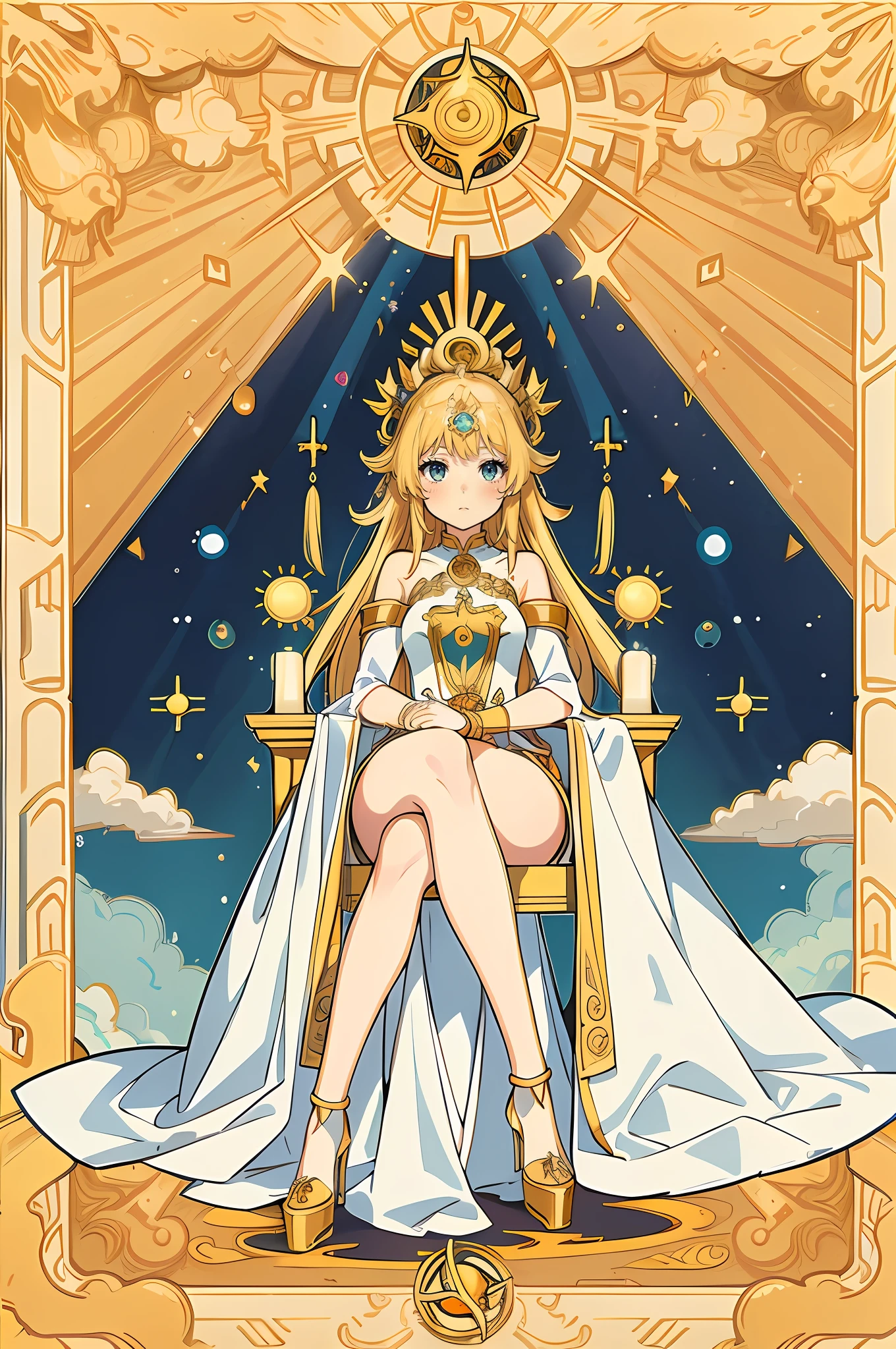 Masterpiece, Best quality, style de carte de tarot, Centered, in frame, Big Sun, stone pillar,1girll, Solo, censorship, view the viewer, Sun, Bright, plain view, sitting on golden throne, 对称, Beautiful eyes, day, in a spring, Sun, sky, Background, full bodyesbian, High heel