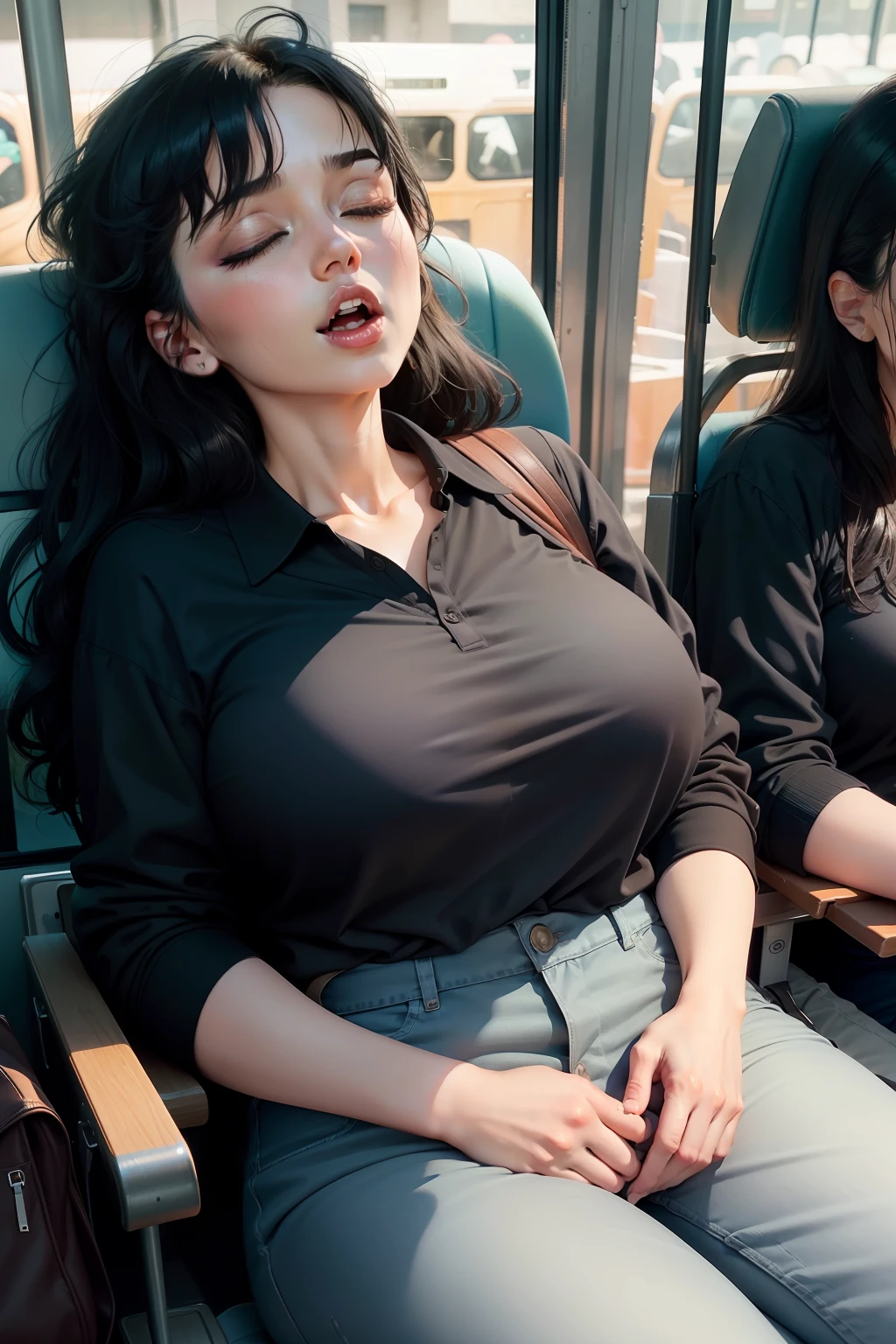 1 beautiful woman, 50-year-old lady, sleeping with her mouth open, eyes closed, painted eyelids, eyelids outlined with makeup, black hair, sleeping sitting on the bus, jeans, black polo shirt, big breasts, outlined eyes, drooling, snoring, passed out, black bag, head leaning against the bus window, sitting in the back seat of the bus, mouth wide open