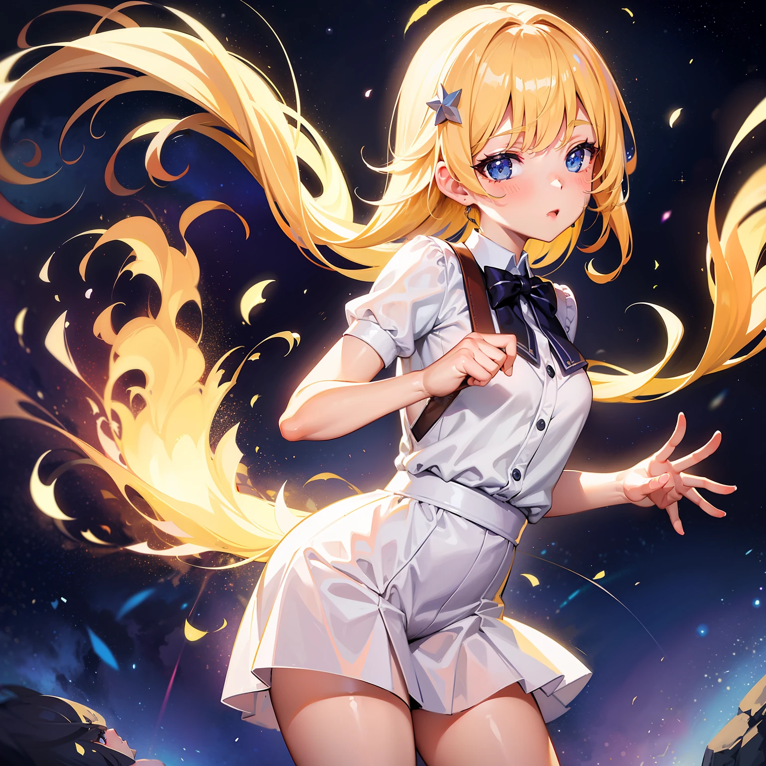 (best qualtiy,tmasterpiece),1girl,lewd poses,Particle,ventania,florals,simplebackground,looking at viewert,The blonde,milky ways,(wink)