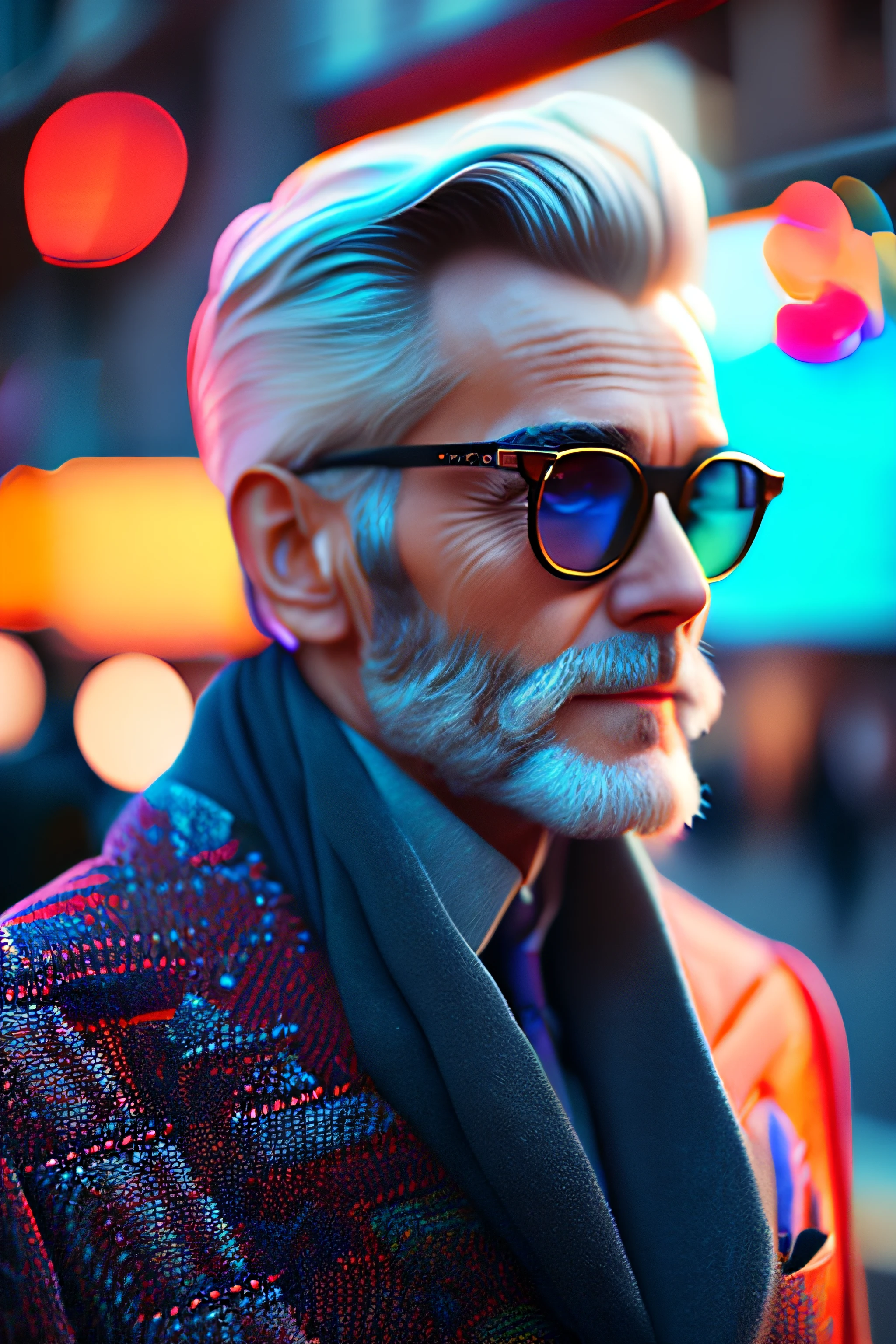 (fashionista portrait old european man, 1950s with intricate colorful modern bright colored glasses), c0lorful cute hair, smiling expression, (extremely detailed digital photography: 1.2), standing in the middle of the city, ((((full body)))), raw image,, Hasselblad, 50asa, f8, 12mm, glow effects, godrays, hand drawn, render, 8k, octane render, cinema 4d, blender, dark, atmospheric 4k ultra detailed, cinematic sensual, sharp focus, humorous illustration, great depth of field, masterpiece, colors, 3d octane rendering, 4k, concept art, trend in artstation, hyperrealistic, vivid colors, rim light, extremely detailed CG 8k wallpaper unit, trend in ArtStation, trend in CGSociety, Pop Art style by Erik Madigan Heck, Intricate, High Detail, dramatic, pure energy, Light particles, Sci-Fi