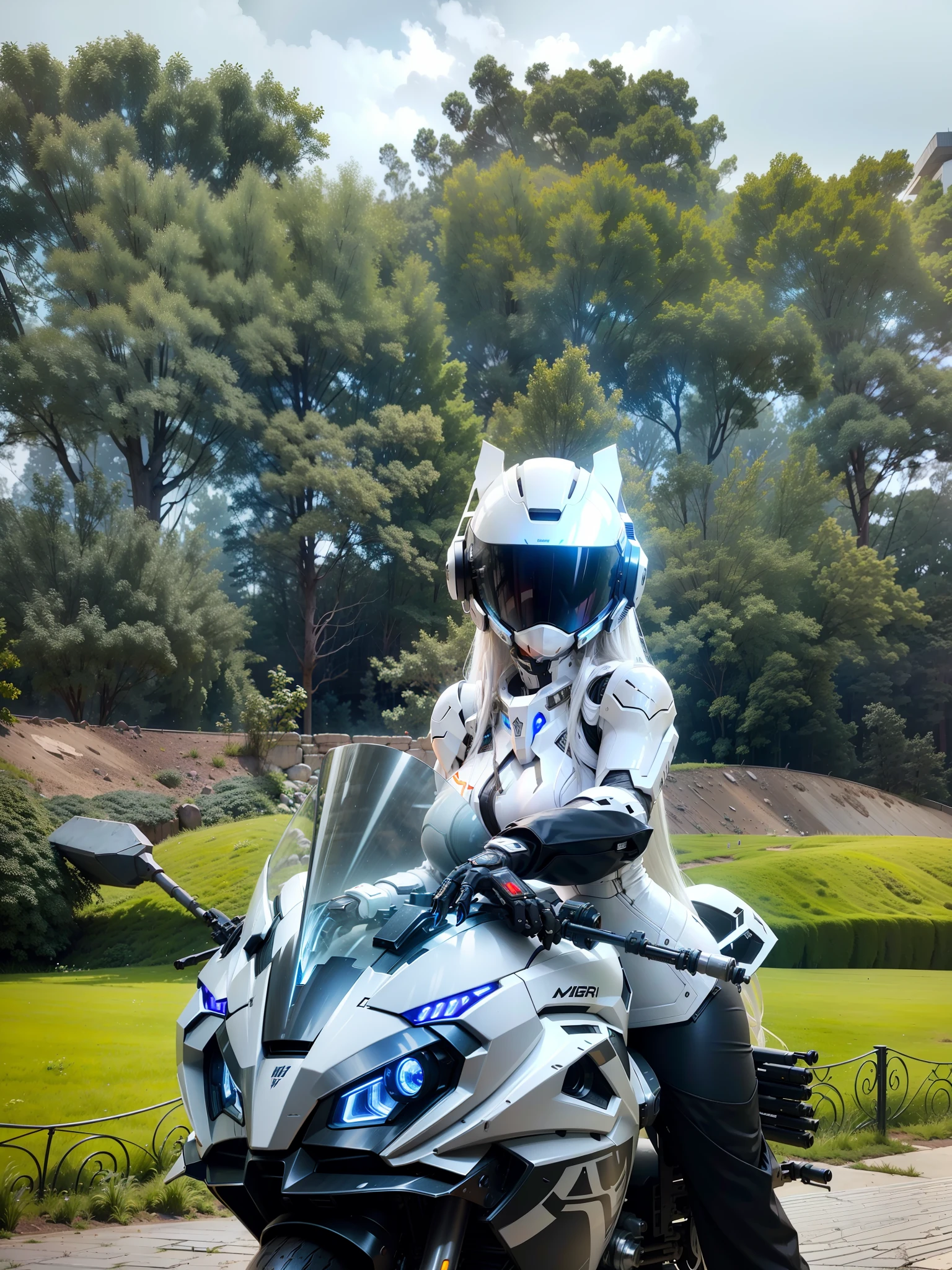 Sexy cyberpunk female knight,long white hair,White mech costume,Sophisticated white tech helmet,Nousr, Biomechanicals, MSHN Robot Woman,High-tech helmet,hyper realisitc, Steel, Complex design, insanely details, finely detailled, Extremely clear lines, cinmatic lighting, photograph realistic, A detailed masterpiece