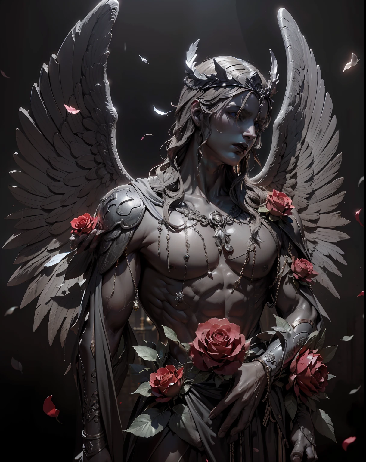 (Very detailed 8K wallpapers), medium plan,(Masterpiece, Top Quality, Best Quality), (headband),Statue with wings and roses on the chest and wings around the body, Greek Satuia,Male statue, male,with a dark background, Bastien L. Deharm, Dark art, marble sculpture, Gothic artintricate, higly detailed, dramatic