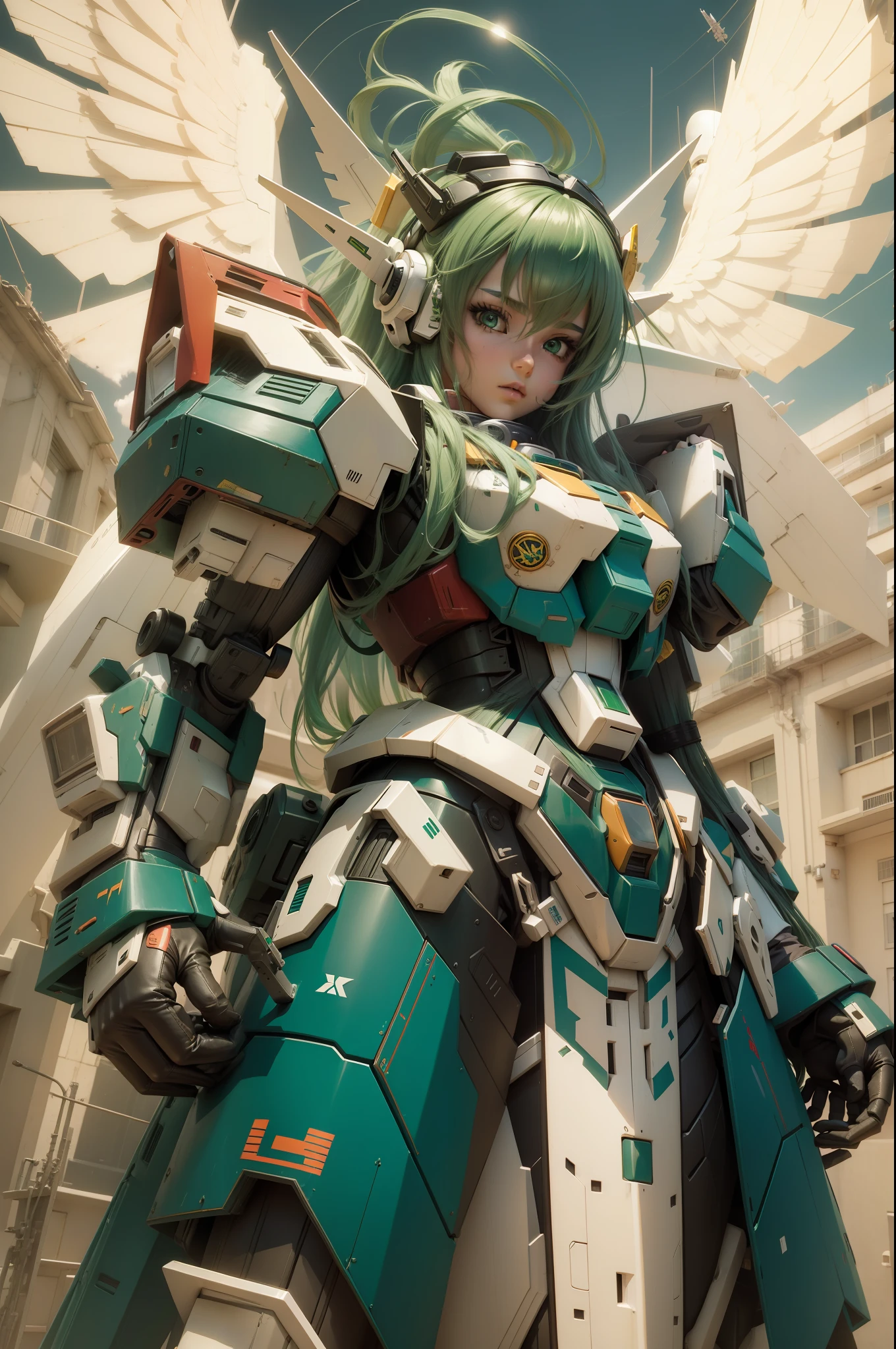 Girl, 3d, slim, realistic, gundam, green hair, long hair