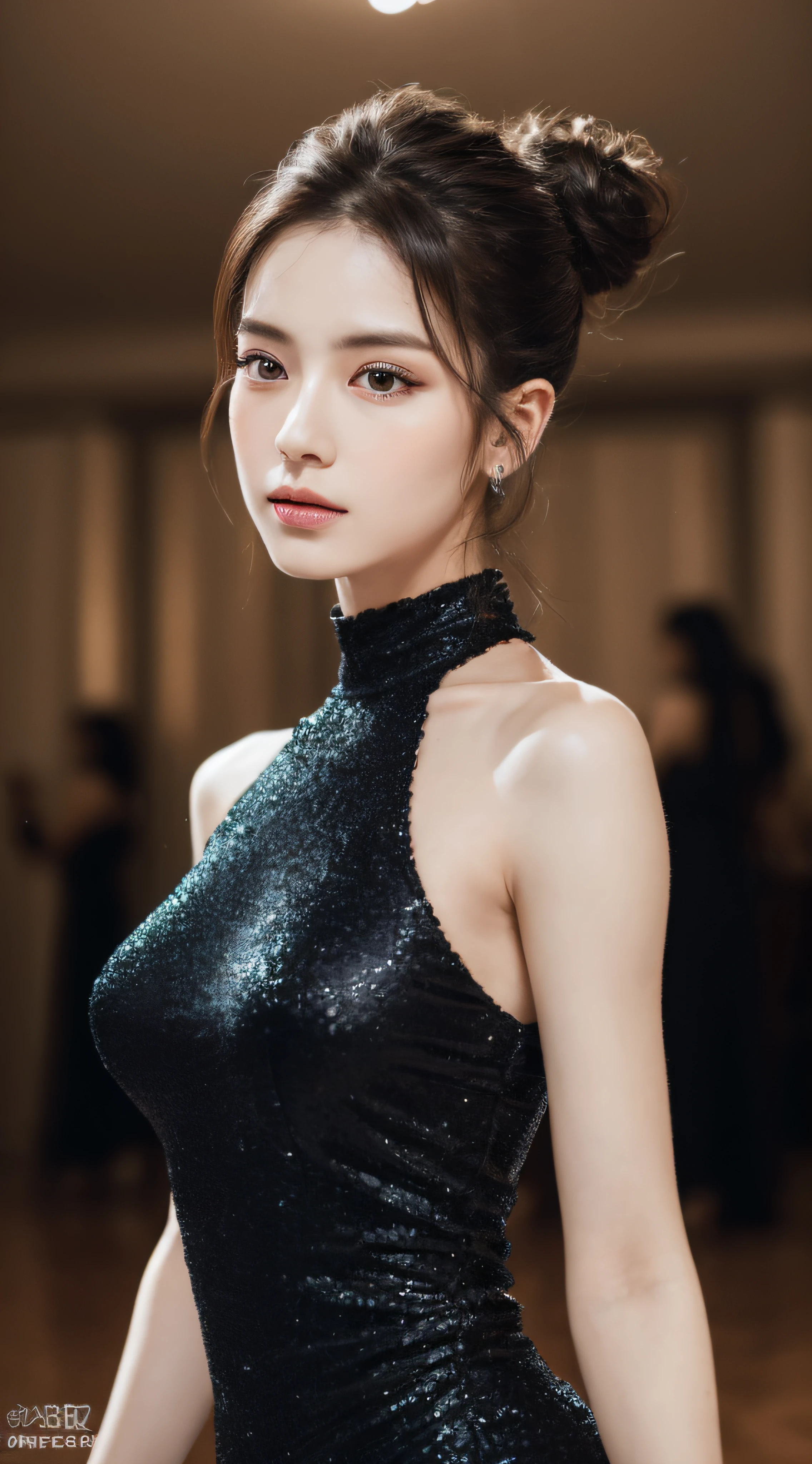 ((Best quality, 8k, Masterpiece)), A beautiful woman with perfect body, Slim abdomen, black long dress, full body, hair bun, in a ballroom, Highly detailed face and skin texture, Detailed eyes, Double eyelid,