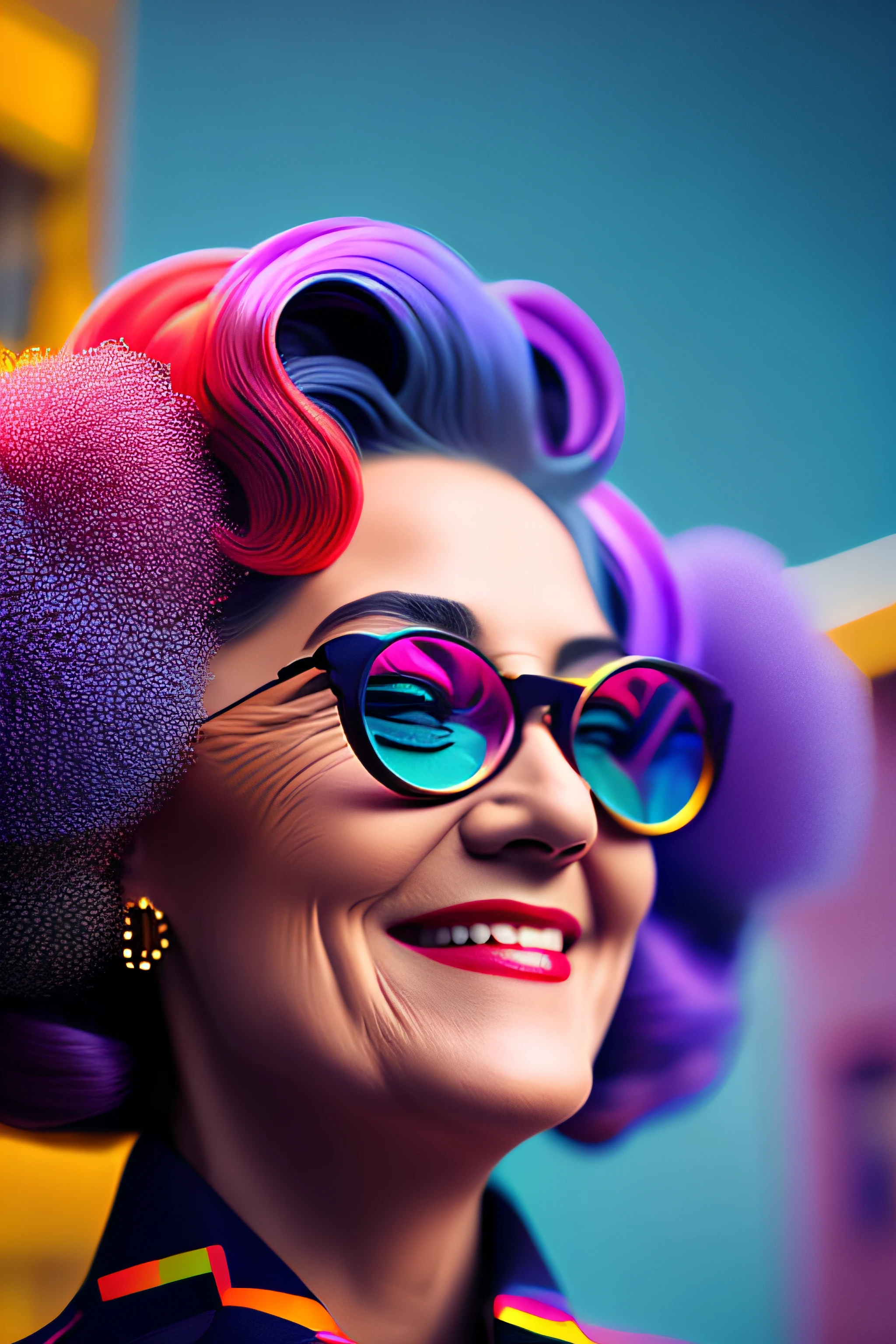 (fashionista portrait middle-aged man of the 1950s with intricate colorful modern bright colored glasses), hair with flowers, smiling expression, (extremely detailed digital photography: 1.2), standing in the middle of the city, (((full body))), raw image,, Hasselblad, 50asa, f8, 12mm, glow effects, godrays, hand drawn, render, 8k, octane render, cinema 4d, blender, dark, atmospheric 4k ultra detailed,  sensual cinematic, sharp focus, humorous illustration, great depth of field, masterpiece, colors, 3d octane rendering, 4k, concept art, trend in artstation, hyperrealistic, vivid colors, rim light, extremely detailed CG 8k wallpaper unit, trend in ArtStation, trend in CGSociety, Pop Art style by Yayoi Kusama, Intricate, High Detail, dramatic
, pure energy, light particles, sci-fi