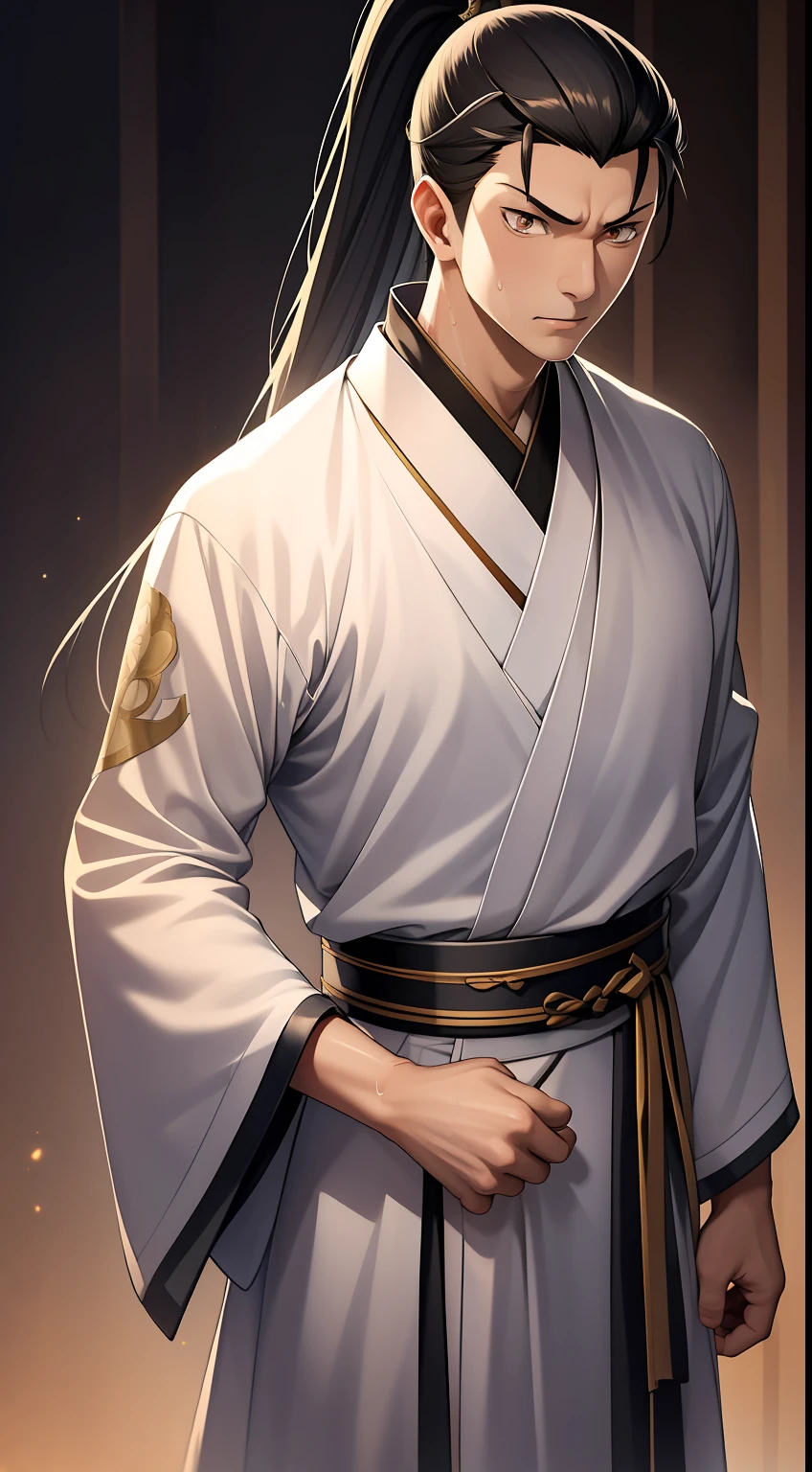 quadratic element，style of anime，mtu（Male Warrior），The proportions are correct，Face details，swordsmen，High ponytail hairstyle，Neck details，There is an Adam's apple，Black Hanfu，kaftan，Embroidered robes，Black robe，clothes details，Handing over，longer sleeves，Game quality，Swordsmanship，Light and shadow tracking，Ray traching，detailed glow，cg render，hair detail，long  white hair，Black eyes，Handsome，Handsome，（juvenile sense），Clothing is complicated，Perfectcomposition，Refinement，high qulity，higher details，Lots of details，The background is complex，a sense of atmosphere，