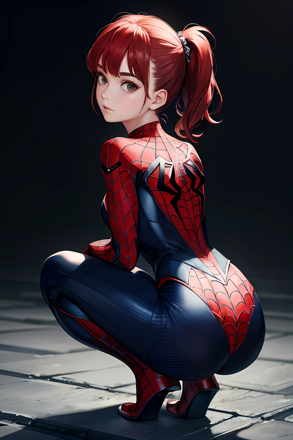 best qualtiy，GameCG，1girll，tmasterpiece，best qualtiy，8K，detailed skin textures，Detailed cloth texture，beautifull detailed face，Complicated details，the ultra-detailed，Audrey Hepburn，spiderman uniform，Straight red hair，（full bodyesbian）Squat with your back to the audience