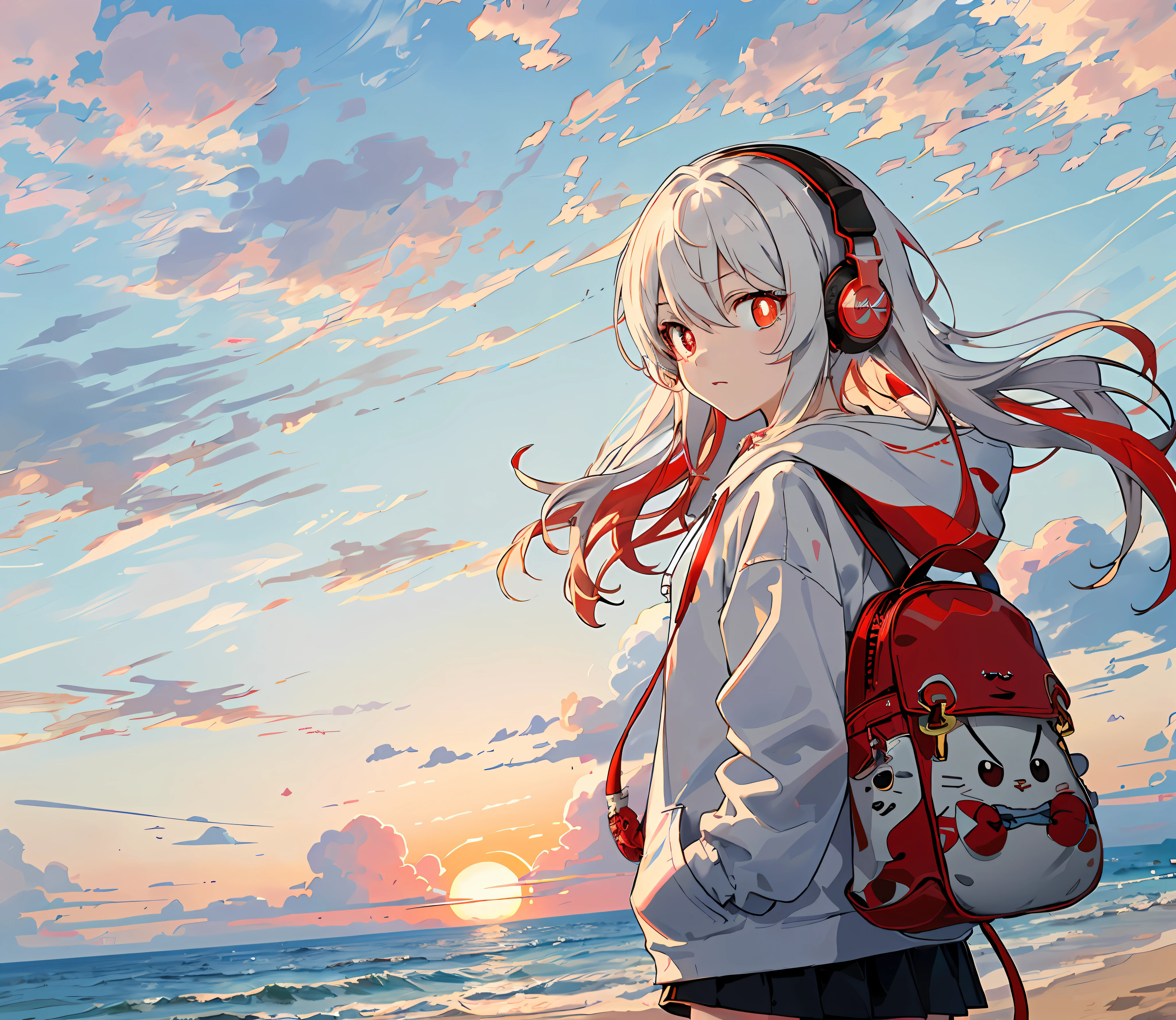 the setting sun,sea surface,sandbeach,Recife,Red-eyed anime girl,(((whaite hair))),((Round pupils)),hands in a pocket,((((Red and white headphones)))),((White hoodies)),Red and white pattern,Puppy motif on school bag,shoreline,short detailed hair,horse tailed,backpacks