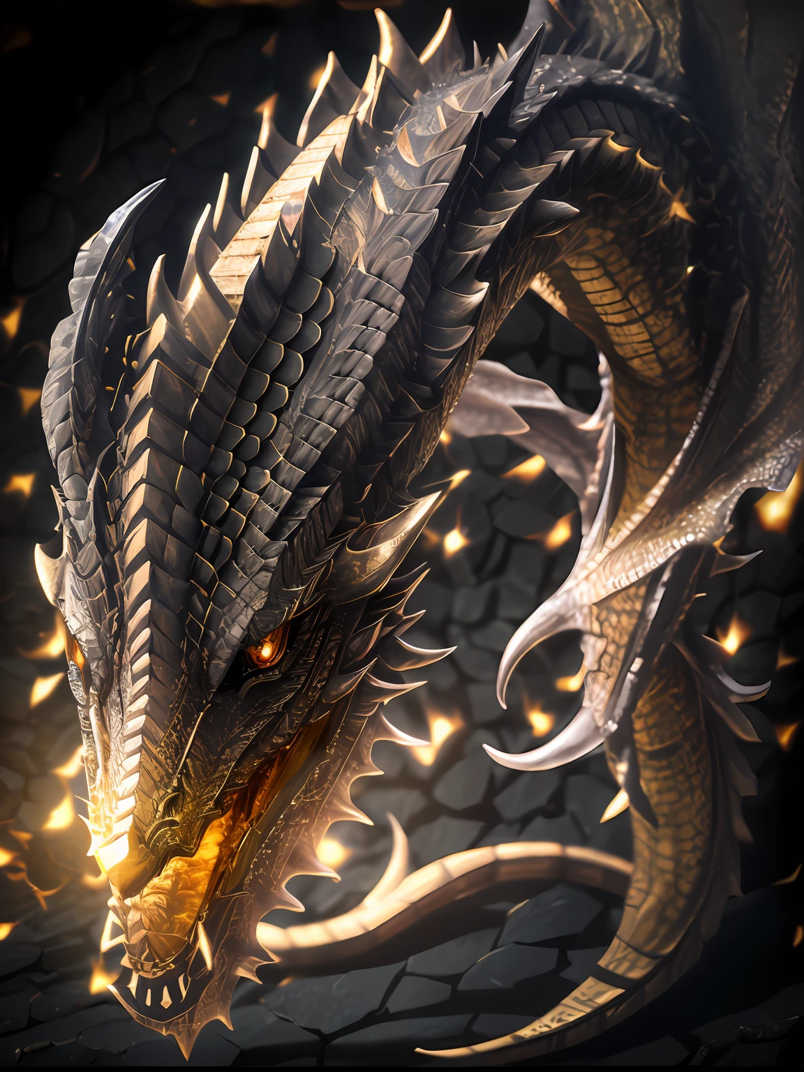 Black Dragon，Golden eyes，It has a golden pattern on its body，Lie on the treasure，photorealestic，Strong，3D Screen，Highest image quality，Best shades，best colors，8K，Broad perspectives，cinematric light