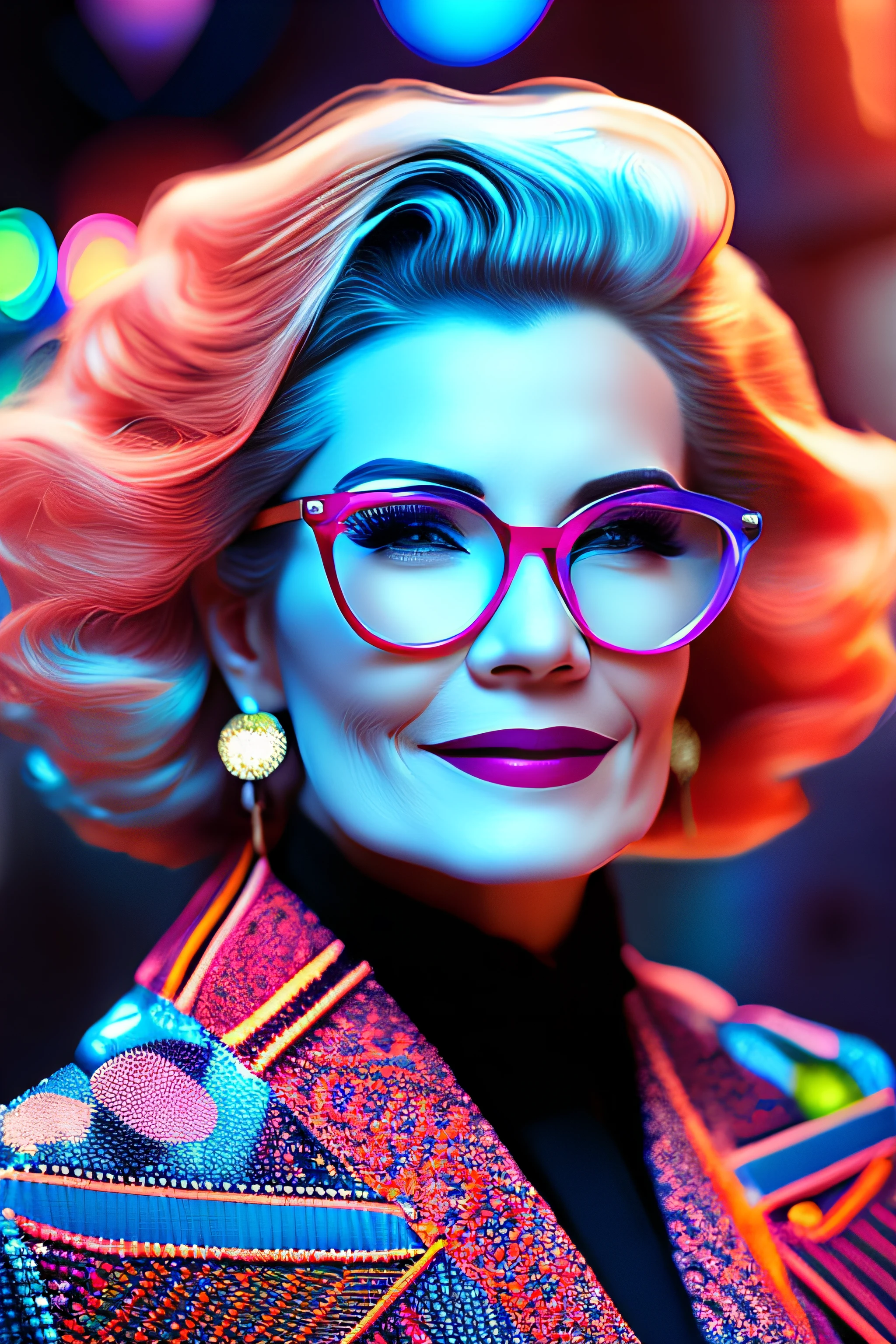 (fashionista portrait middle-aged man of the 1950s with intricate colorful modern bright colored glasses), hair with flowers, smiling expression, (extremely detailed digital photography: 1.2), standing in the middle of the city, (((full body))), raw image,, Hasselblad, 50asa, f8, 12mm, glow effects, godrays, hand drawn, render, 8k, octane render, cinema 4d, blender, dark, atmospheric 4k ultra detailed, sensual cinematic, sharp focus, humorous illustration, great depth of field, masterpiece, colors, 3d octane rendering, 4k, concept art, trend in artstation, hyperrealistic, vivid colors, rim light, extremely detailed CG 8k wallpaper unit, trend in ArtStation, trend in CGSociety, Pop Art style by Yayoi Kusama, Intricate, High Detail, dramatic
, pure energy, light particles, sci-fi