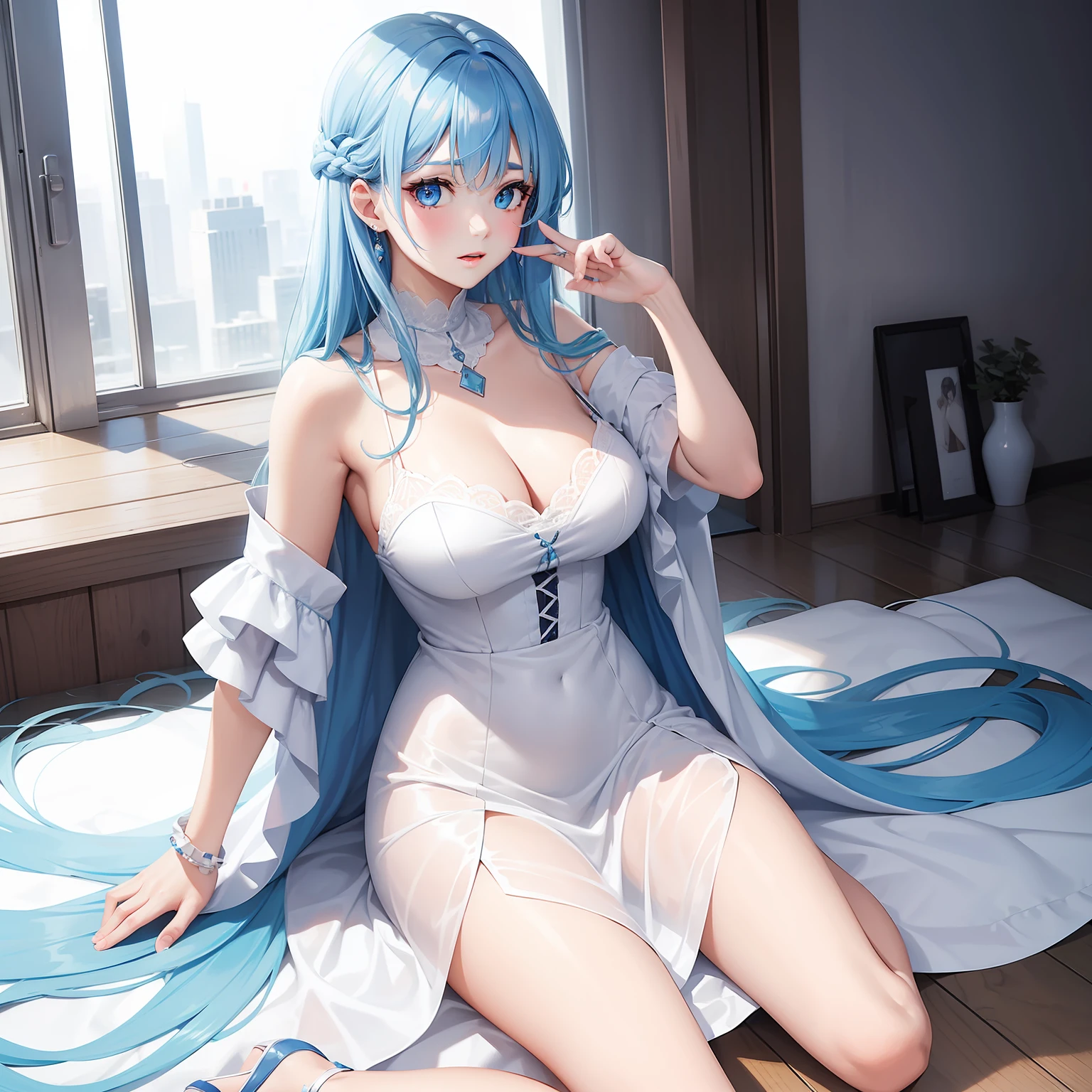 a women, blue hair, blue eyes, white dress