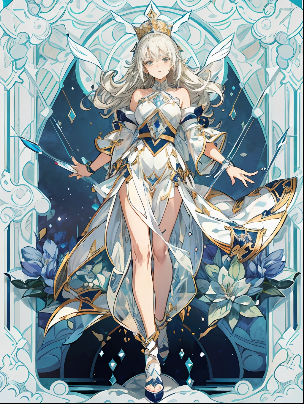 (full body:1.2),card,a queen,blue crystal,fantacy,hyperrealistic anime,Quilted paper art,Glass Art,(best quality,Extreme detail,clear line:1.5),8k
