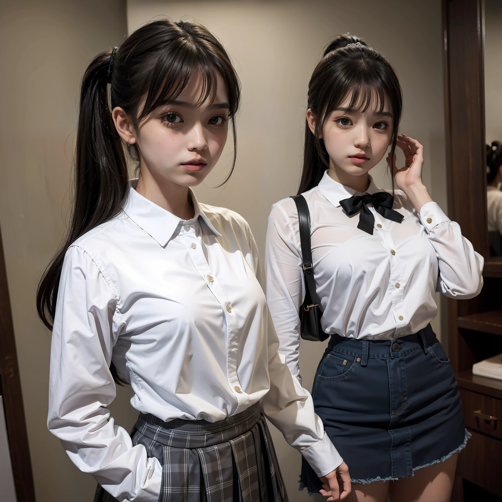 14 Years Old Girl，adolable，，tmasterpiece，By bangs，High ponytail，，Superskirt，The shirt