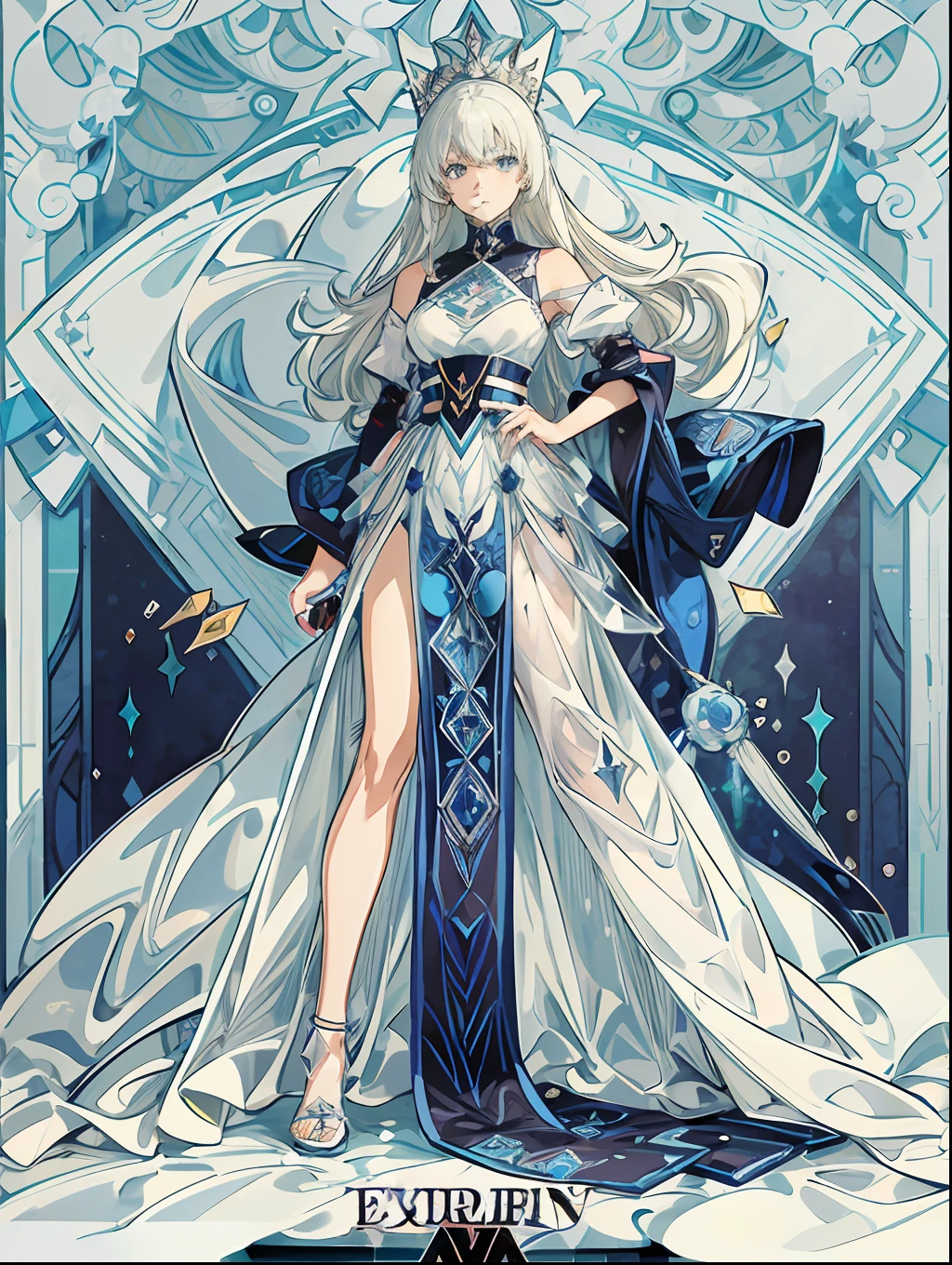 (full body:1.2),card,a queen,blue crystal,fantacy,hyperrealistic anime,Quilted paper art,Glass Art,(best quality,Extreme detail,clear line:1.5),8k