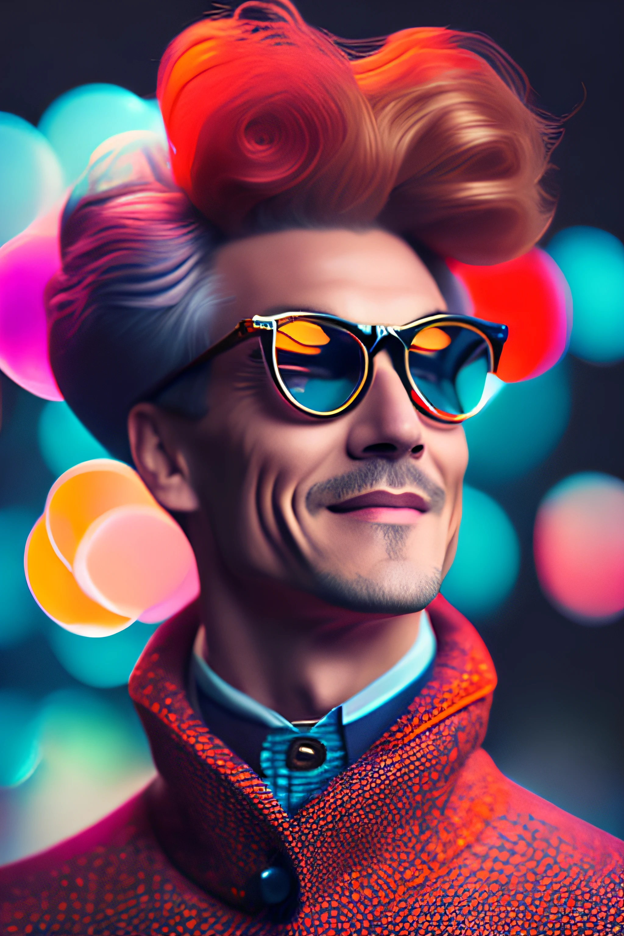 (fashionista portrait middle-aged man of the 1950s with intricate colorful modern bright colored glasses), hair with flowers, smiling expression, (extremely detailed digital photography: 1.2), standing in the middle of the city, (((full body))), raw image,, Hasselblad, 50asa, f8, 12mm, glow effects, godrays, hand drawn, render, 8k, octane render, cinema 4d, blender, dark, atmospheric 4k ultra detailed, sensual cinematic, sharp focus, humorous illustration, great depth of field, masterpiece, colors, 3d octane rendering, 4k, concept art, trend in artstation, hyperrealistic, vivid colors, rim light, extremely detailed CG 8k wallpaper unit, trend in ArtStation, trend in CGSociety, Pop Art style by Yayoi Kusama, Intricate, High Detail, dramatic
, pure energy, light particles, sci-fi