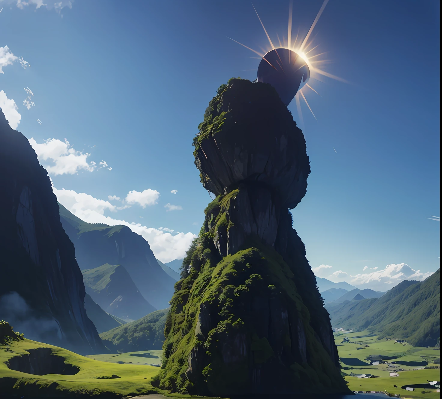 (landscape),Yamakawa,rios,suns,Natural scenery,abstracted,house,huge mountains,Wagas,blue-sky,Shape,Natural scenery