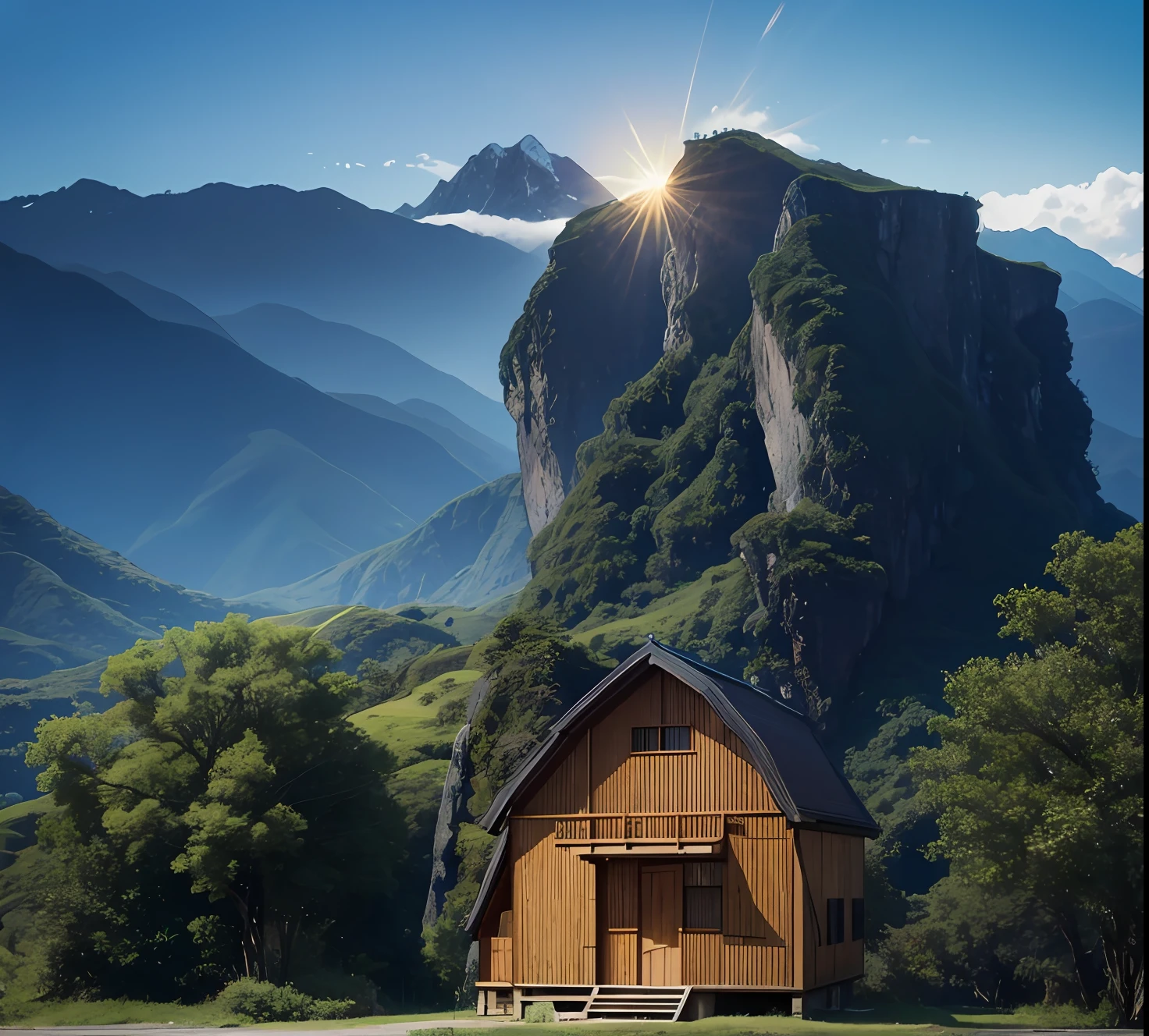 (landscape),Yamakawa,rios,suns,Natural scenery,abstracted,house,huge mountains,Wagas,blue-sky,Shape,Natural scenery