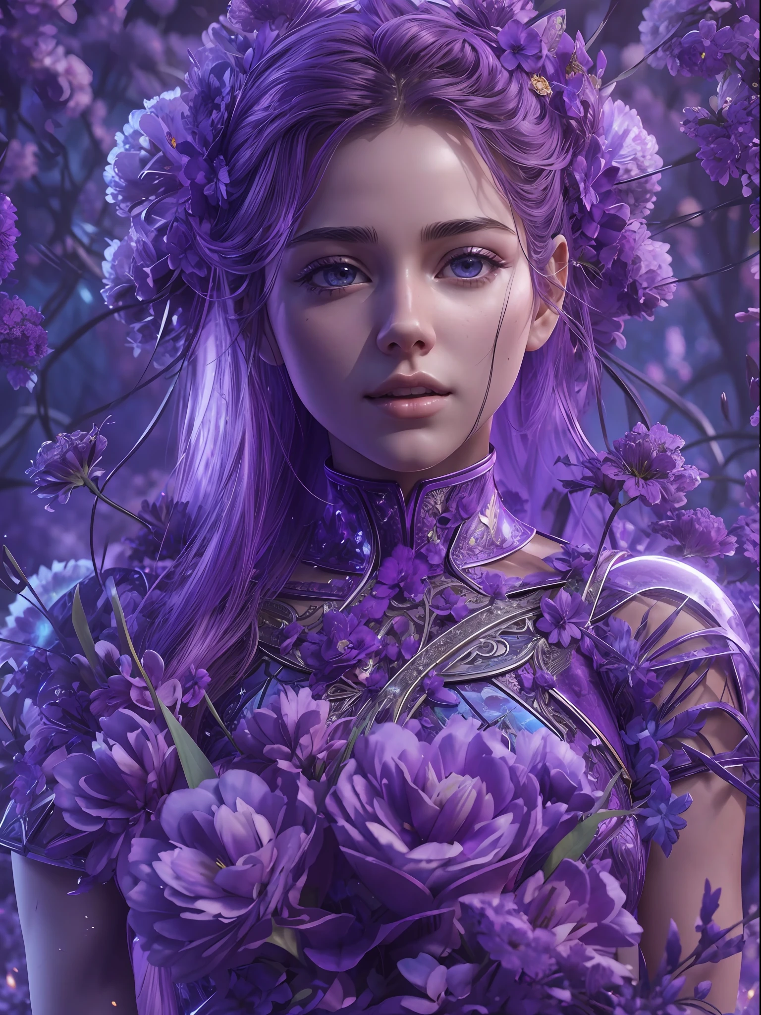 Incredible and spectacular scenes, ((high quality)), ((detailed)), ((fantasy)), "purple plasma brain, purple plasma body, realistic, best quality, 4K, flowers trapped in blisters at the top realistic, (handsome teenager and beautiful girl hugging), full body portrait", image quality (3D rendering effect) , exquisite details,