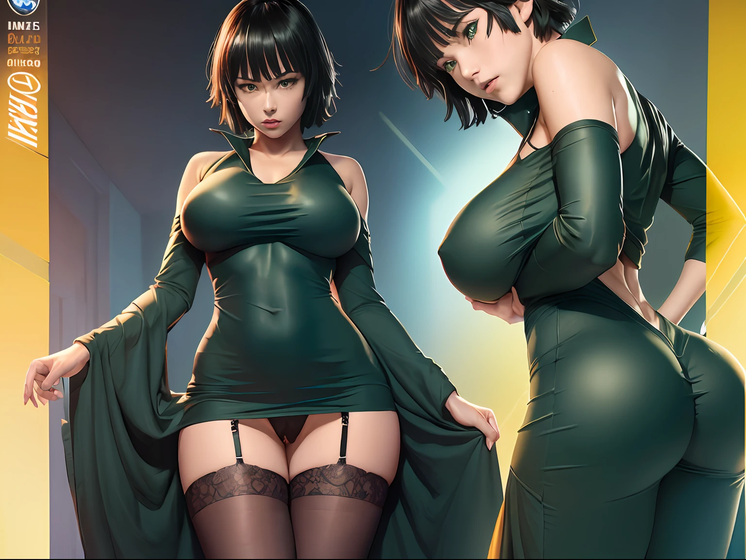 (((Fubuki))) (hero alias Blizzard de One Punch Man) sexy ((big breast )) ((lleva un vestido largo))) (((con la pierna descubierta verde oscuro ajustado cuello de tortuga))) ((tiene un abrigo de piel de oso)), ((collar de perlas)), hermosa cara ((imagen cuerpo completo)), que parezca un render de z brush, 8k cuerpo completo , (((fubuki)) sensual perfect body perfect ass