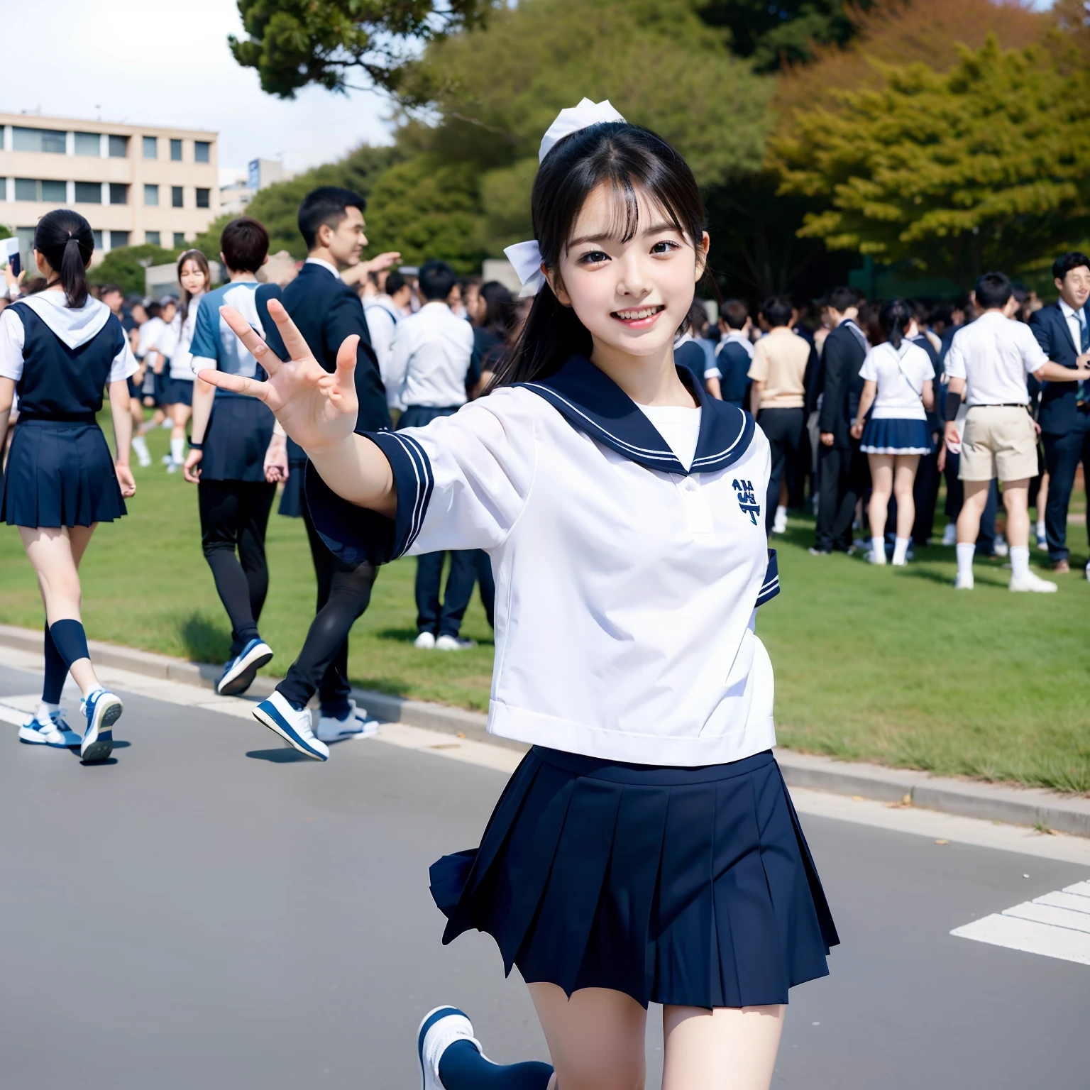 "A girl,a boy, in a Japanese-style outfit, is running, turning back, waving, taking small steps. She's wearing a blue-black pleated skirt, ankle socks, and a blue sailor uniform. Her features are distinct, and she looks happy and not angry. The background is a school campus and crowd, with a classroom, school gate, captured in a distant focus photogra