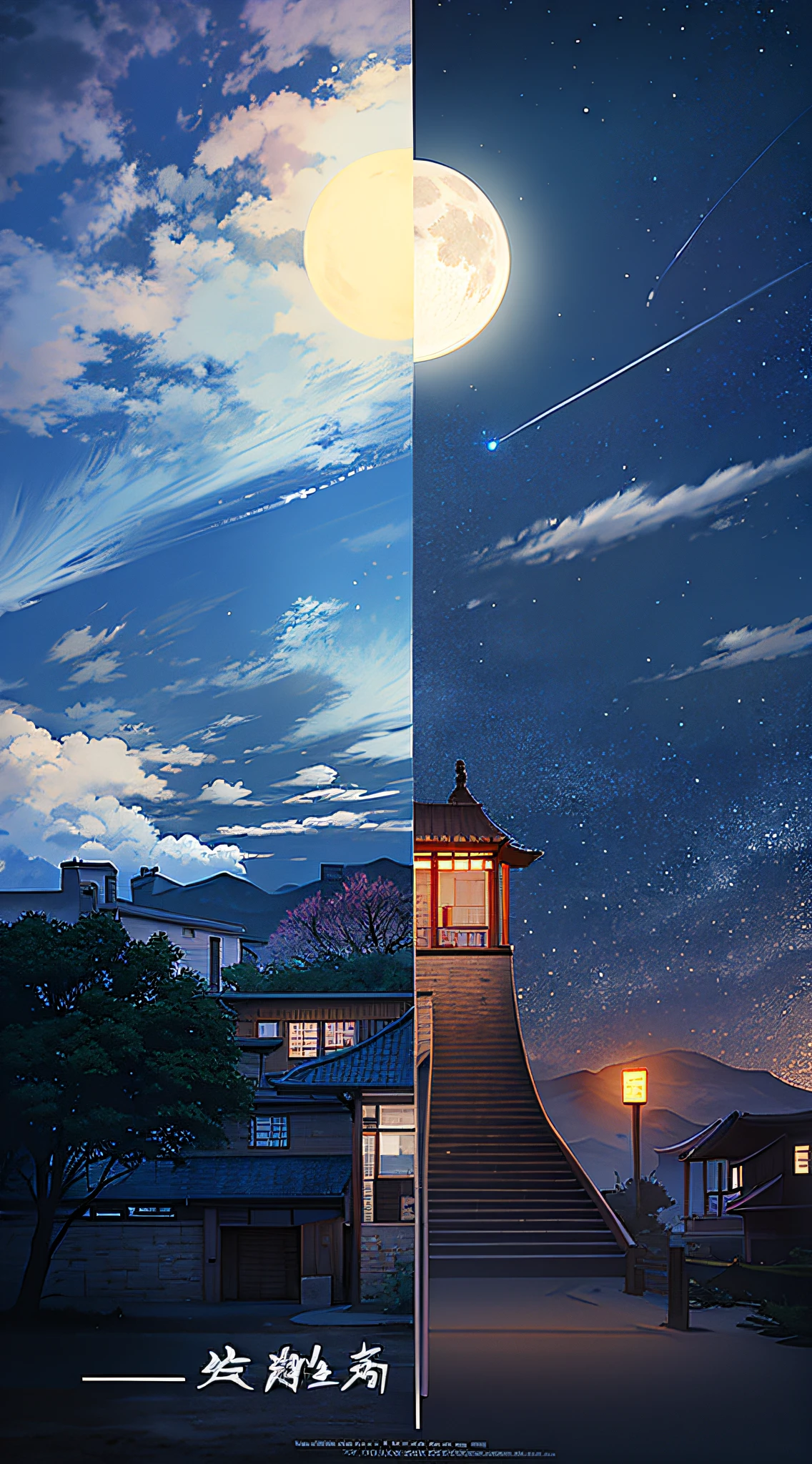 There are shooting stars in the background，Full moon in the middle，The picture is divided into two parts: Left and right，On the left is the country house building，Self-built houses in rural China，Rural pastoral dwelling，On the right are modern urban buildings, At the bottom of the poster are small hills and roads，film promotional image, Cai Xukun, Poster illustration, Wang Chen, promotional poster, Artistic cover, Lu Ji, by Ye Xin, author：Yi Yuanji, Movie poster