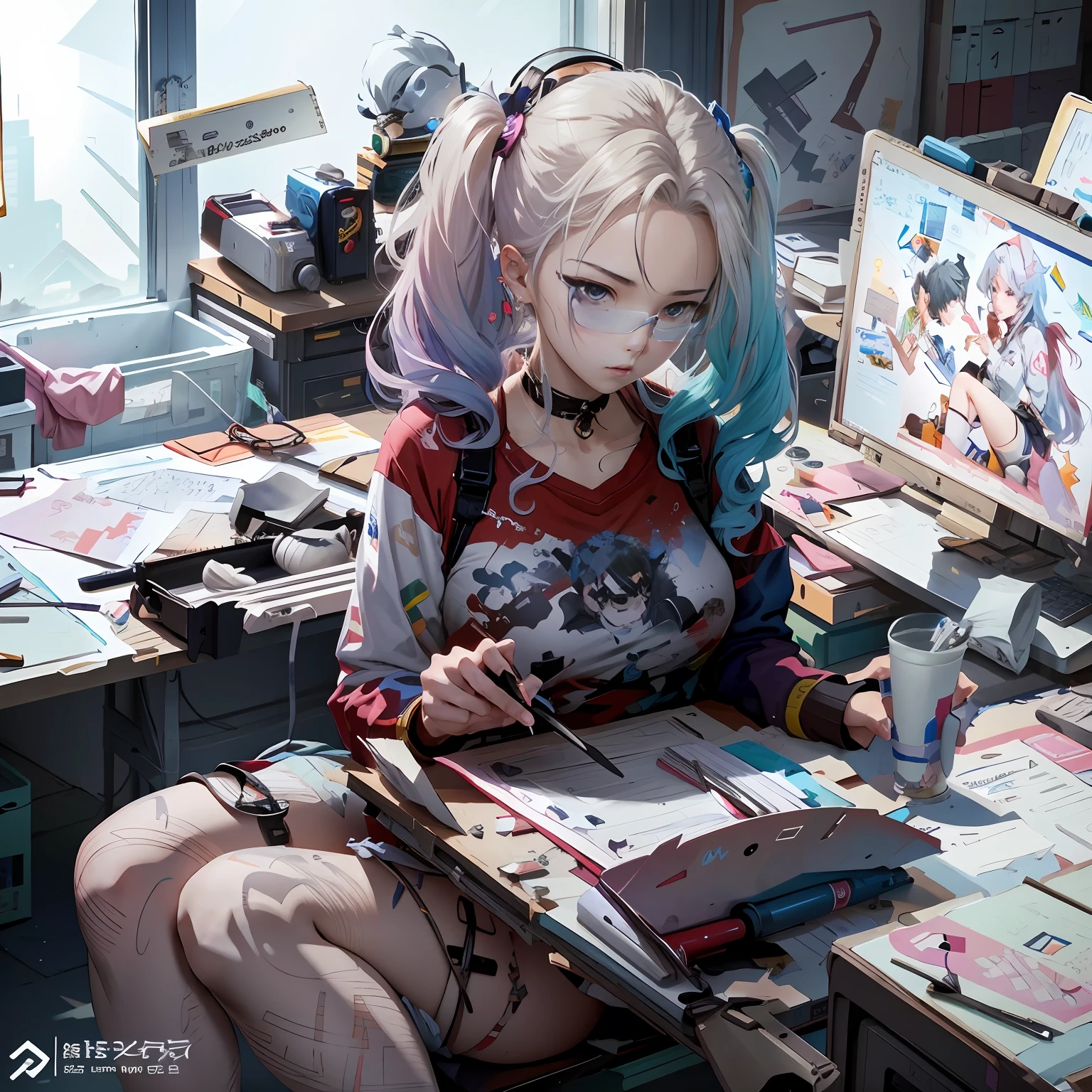 Anime characters sitting in messy offices,Hold the computer, Ross Tran 8 K, Ross Tran style, In the style of Ross Tran, trending on artstation pixiv, rossdraws 2. 0, Kawasi, Guweiz on ArtStation Pixiv, Rosla 1. 0, :: rossdraws, sakimichan frank franzzeta
