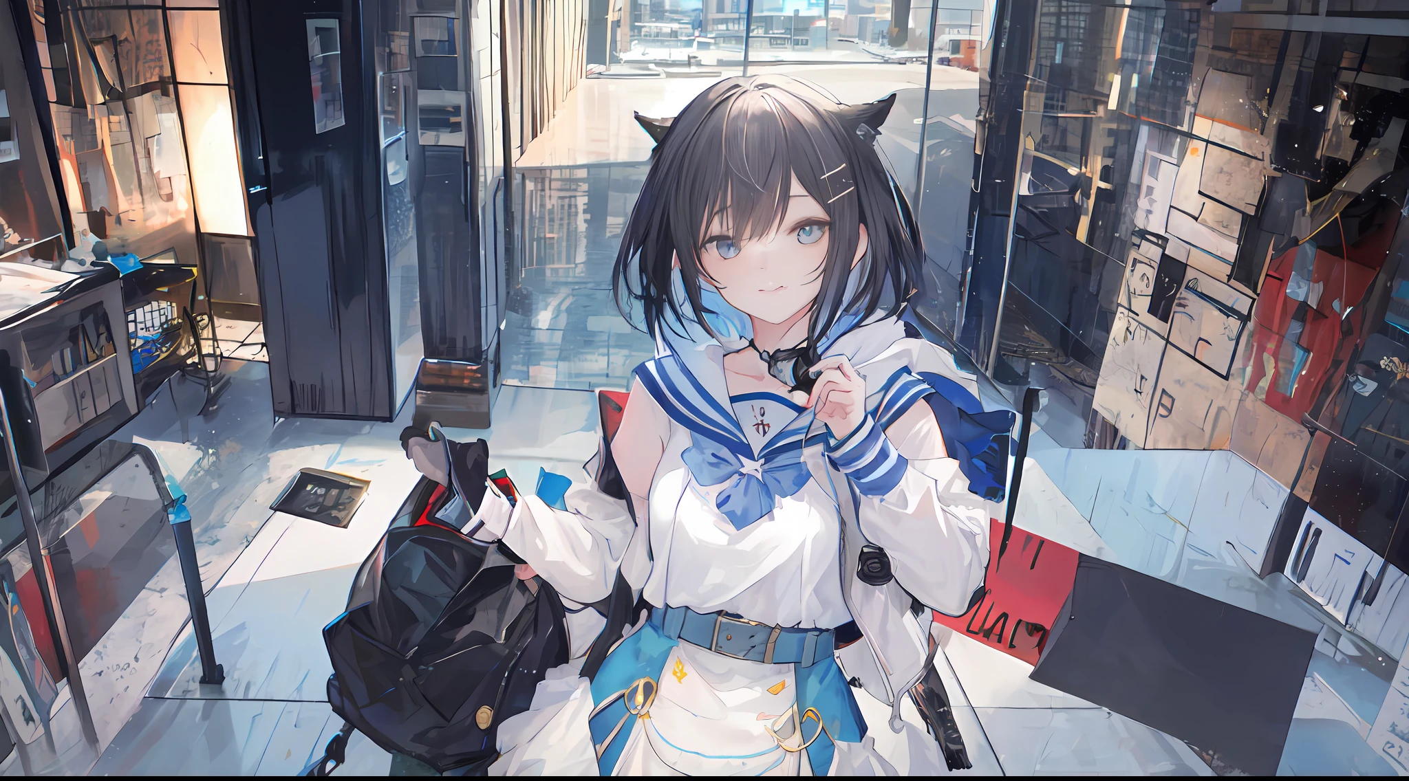 Heterochromic pupils,solo person,Ark of Tomorrow,one-girl,off-shoulder sweater, backless outfit,Starry sky,clusters of stars,Ray tracing,{Best quality}, {{Masterpiece}}, {A high resolution}, Original, Extremely detailed 8k wallpaper, {An extremely delicate and beautiful},,incredibly_absurderes,Colorful,intricately details,art book,,incredibly_absurderes,Ray tracing,Perspective,Wide shot,Overall view,,A high resolution,Game CG,short_Hair,cat_hor ears,White_Hair/White_Eyes,Detail fingers,Hands in hair,pigeon-toed,Pout,Blush,Eyes visible through hair,off-shoulder sweater,White_wind coat,Superskirt,White pantyhose,White cat ears,(((long white hair))),White tail,reaching out her hands,W cut sitting position,(((a black trench coat))),(((Blue sailor collar))),Blue pupil,Black hairpin,Post-industrial buildings,4K,Master picture quality,Texture,Ark of tomorrow style,On the ground lay the West Sword,eventide,Blood-red sunlight,Black backpack,((((Short blue skirt)))),((((White tights)))),black sneaker shoes,full bodyesbian,long and flowing hair,Smiling,Squint,The ultimate in facial depiction,The ultimate body depiction,The ultimate hair depiction ,There are lanterns on the ground,is shy,in a panoramic view,The ultimate scenario description,Pout,Beautiful_face,Beautiful detailed eyes,One eye is white,One eye closed ,Earphone,Beautiful detailed sky,reflective light,Ray tracing,Sunlight,(Maid dress),Sailor dress,Sleeves,beautiful detailed water,Beautiful detailed sky,god light,depth of fields,Normal body,Normal posture,Front view,Absolutely good light and shadow,Detailed sky,baiyun,the sunset,(((城市,starlights,rios,darkly))).{Best quality}, {{Masterpiece}}, {A high resolution}, Original, Extremely detailed 8k wallpaper, {An extremely delicate and beautiful},,Ray ,{Best quality}, {{Masterpiece}}, {A high resolution}, Original, Extremely detailed 8k wallpaper, {An extremely delicate and beautiful},,incredibly_absurderes,Colorful,intricately details,art book,,Overall view,,Depth o