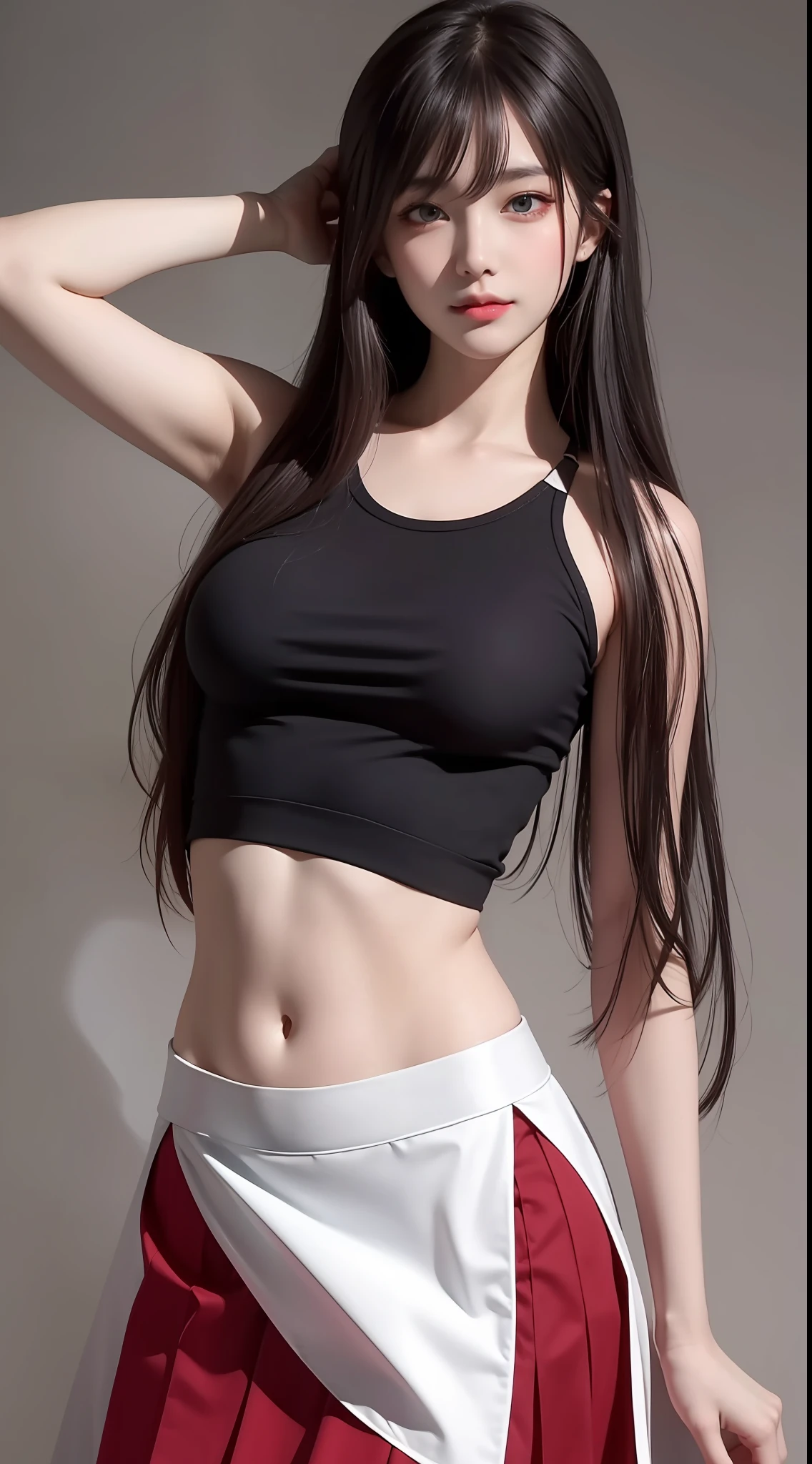 4K ultra, masterpiece, a girl, good face, detailed eyes, spreading hair, ultra long hair, skirt, half skirt, sexy skirt, bare stomach, shinning, high lights, realistic background, side body, front body,