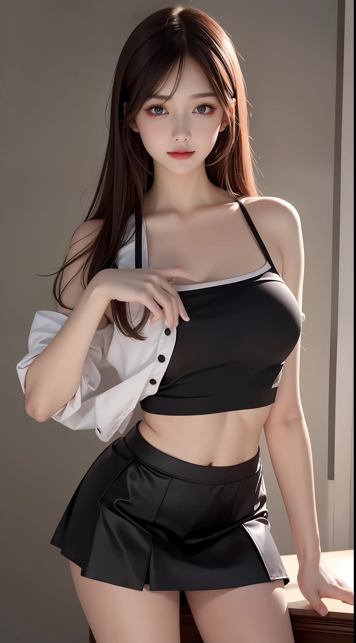 4K ultra, masterpiece, a girl, good face, detailed eyes, spreading hair, ultra long hair, skirt, half skirt, sexy skirt, bare stomach, shinning, high lights, realistic background, side body, front body,