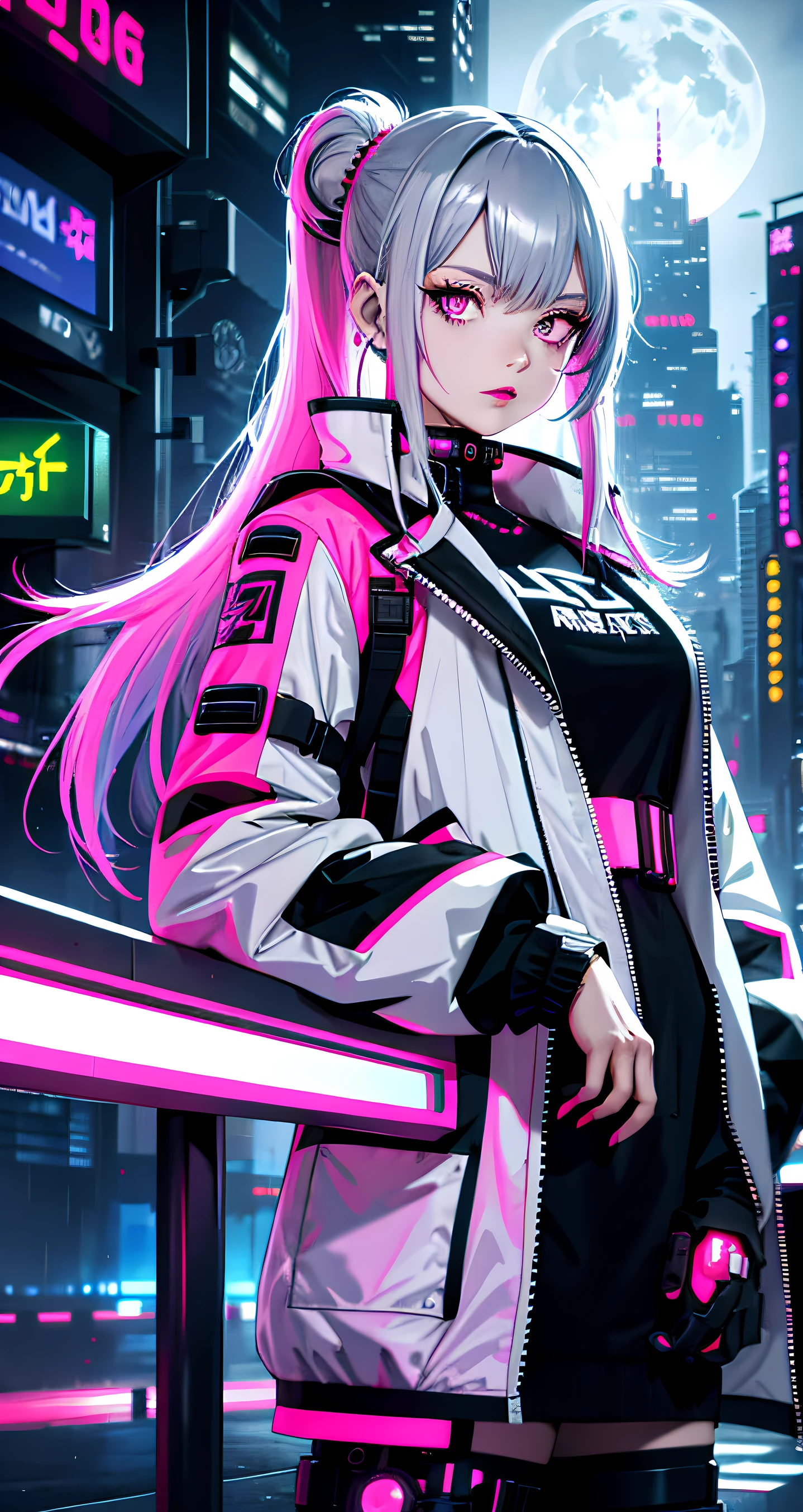 lucy \(cyberpunk\), 1girl, hair scrunchie, hime cut, silver hair, colored tips, full moon, gray eyes, jacket, long sleeves, looking at viewer, medium hair, colorful hair, parted bangs, parted lips, pink hair , portrait, red eyeliner, red lips, solo, white jacket, cyberpunk\(series\), cyberpunk city rainy night neon lights