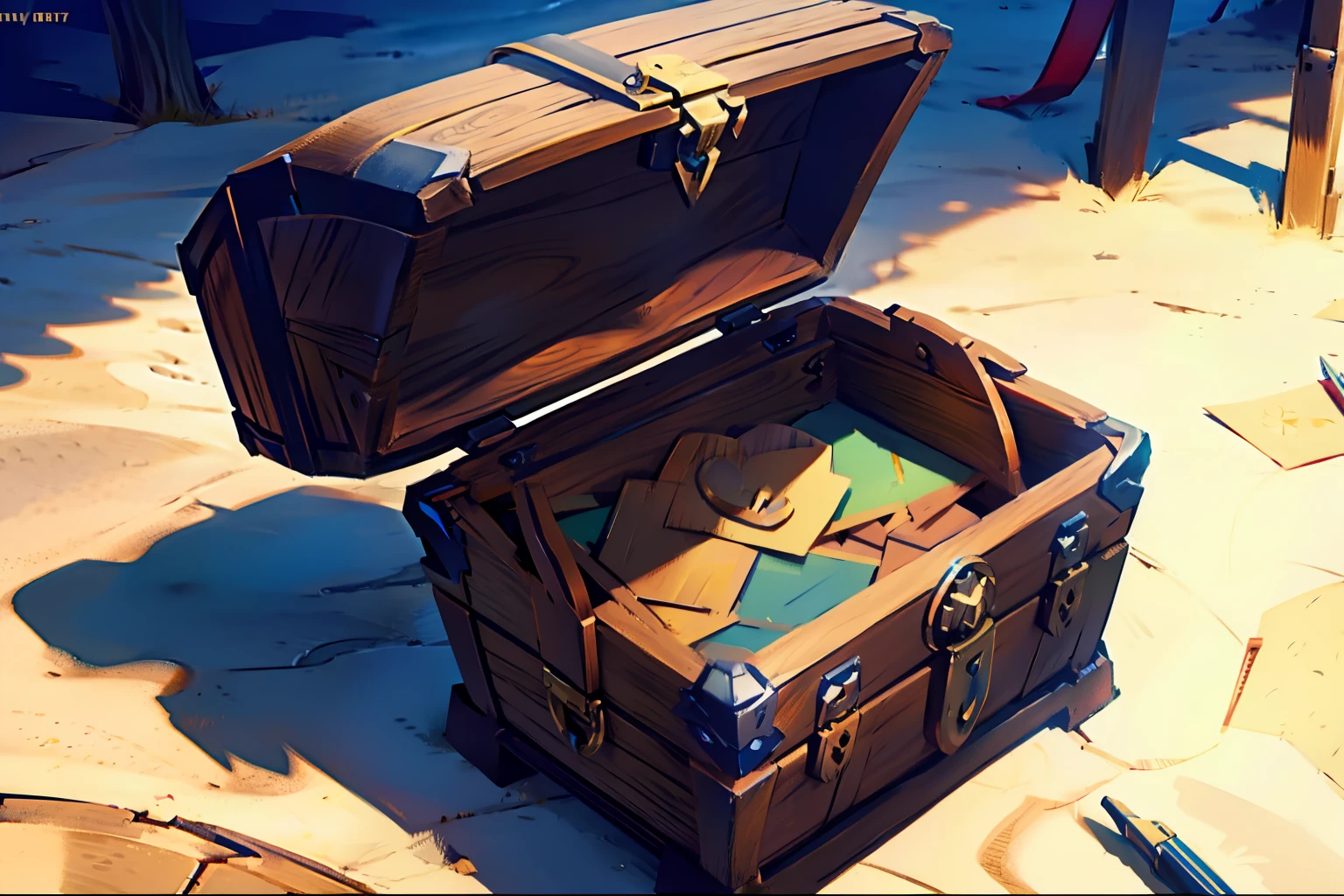 There are several drawings in the treasure chest in front of the mech