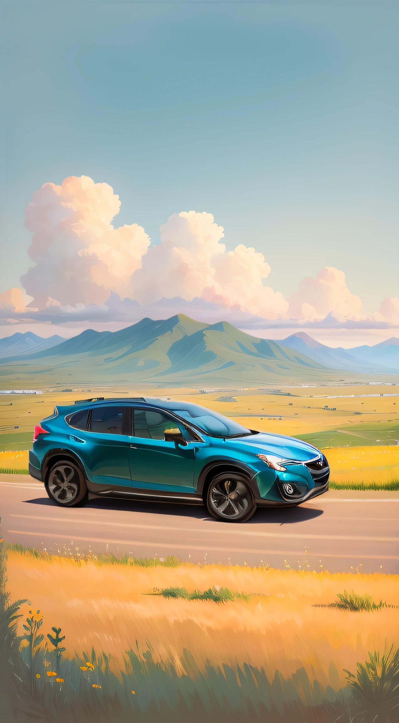 Subaru drives on the prairie, hyperrealistic”, ultra realistic”, scenic full shot, a wide full shot, beauty shot, Location shooting, f / 2 0,blue-sky,Mountains in situ,grassy fields, subtle detailing, Portrait shooting, vibrant and powerful, 🤬 🤮 💕 🎀, wide portrait, 8K!, super wide shot, full frame shot,Midsummer,At noon,Winding paths