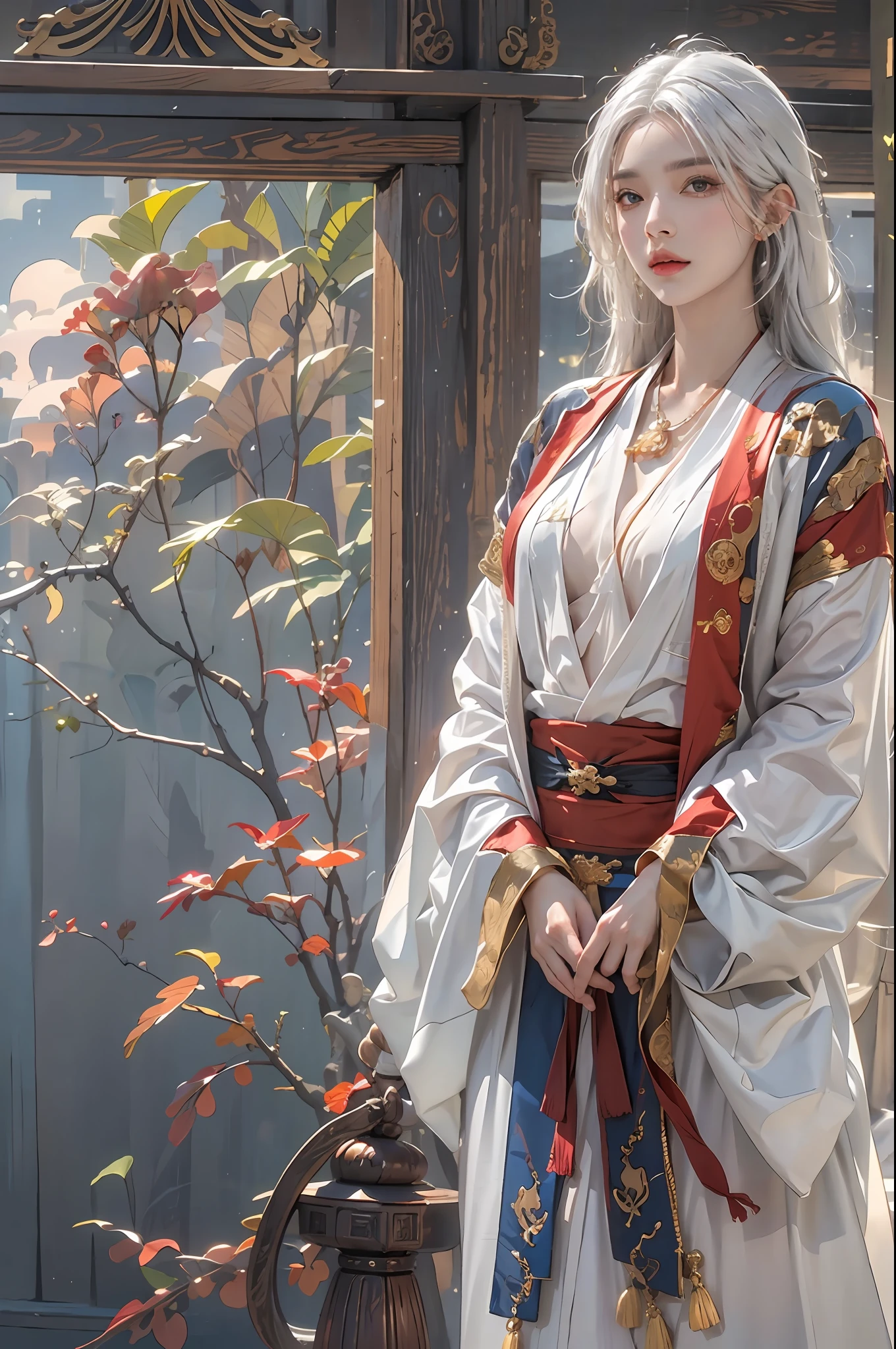 photorealistic, high resolution, 1women, solo, hips up, look at viewer, (detailed face), white hair, medium breasts, long hair, colorful Taoist robe,oversized clothes, jewelry