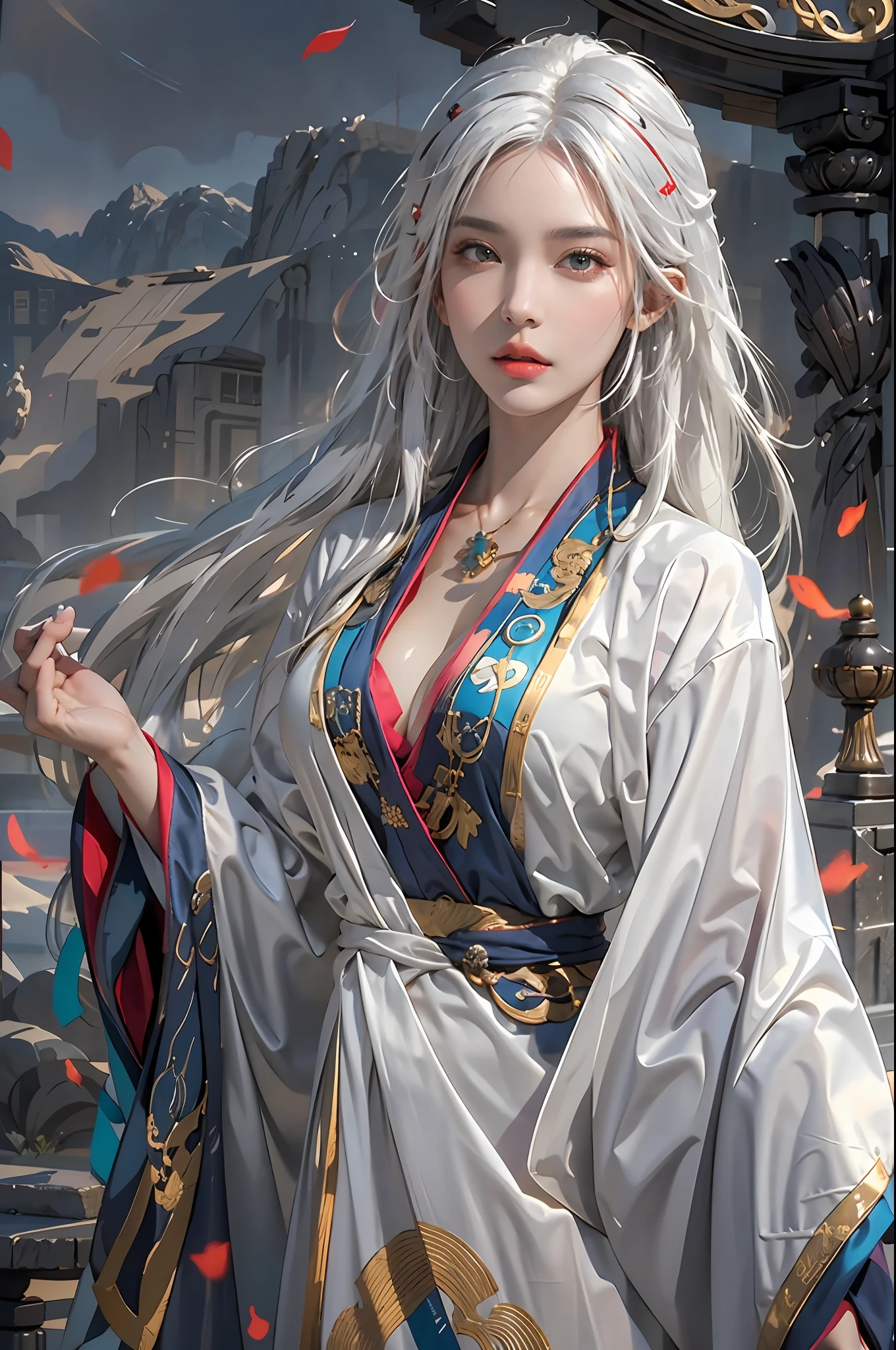 photorealistic, high resolution, 1women, solo, hips up, look at viewer, (detailed face), white hair, medium breasts, long hair, colorful Taoist robe,oversized clothes, jewelry