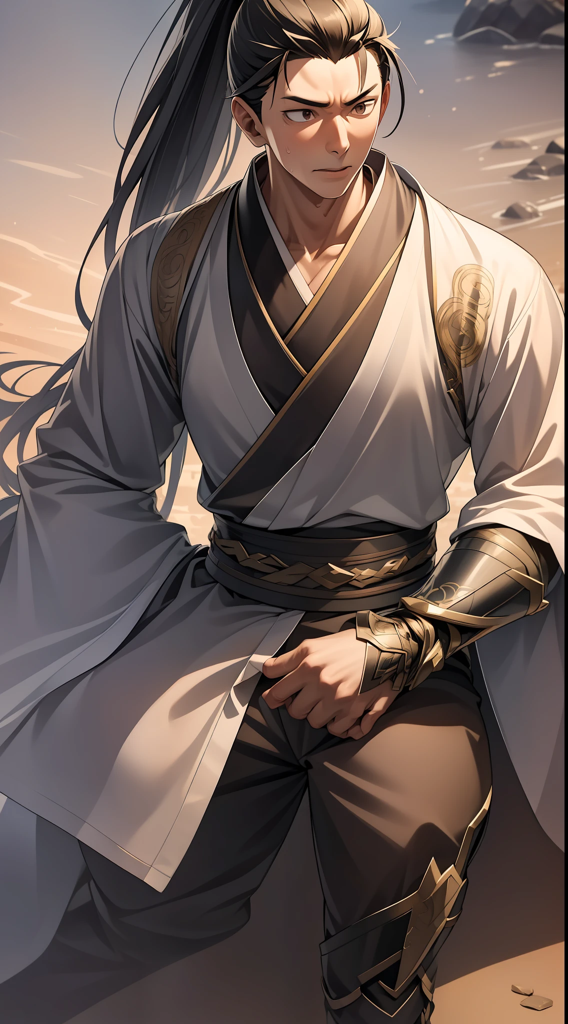 quadratic element,style of anime,mtu(Male Warrior),The proportions are correct,Face details,swordsmen,High ponytail hairstyle,Neck details,There is an Adam's apple,Black Hanfu,kaftan,Embroidered robes,Black robe,clothes details,Handing over,longer sleeves,Game quality,Swordsmanship,Light and shadow tracking,Ray traching,detailed glow,cg render,hair detail,long white hair,Black eyes,Handsome,Handsome,(juvenile sense),Clothing is complicated,Perfectcomposition,Refinement,high qulity,higher details,Lots of details,The background is complex,a sense of atmosphere,