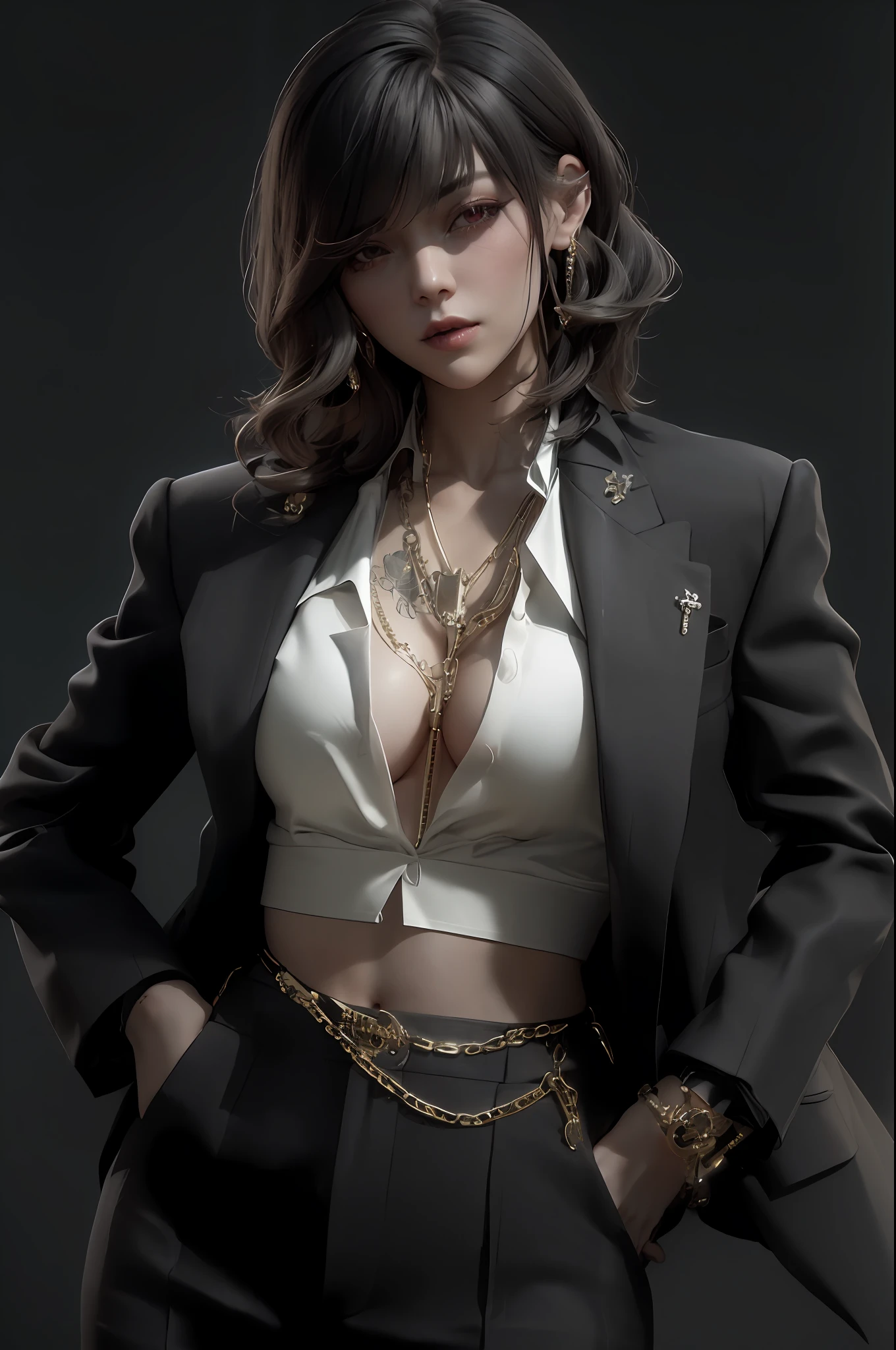 there is a woman in a black suit and a white shirt, by Russell Dongjun Lu, girl in suit, inspired by Yanjun Cheng, girl in a suit, 3 d render character art 8 k, cyberpunk 2 0 y. o model girl, seductive tifa lockhart portrait, by Yang J, 2b, 2 b, by Yanjun Cheng